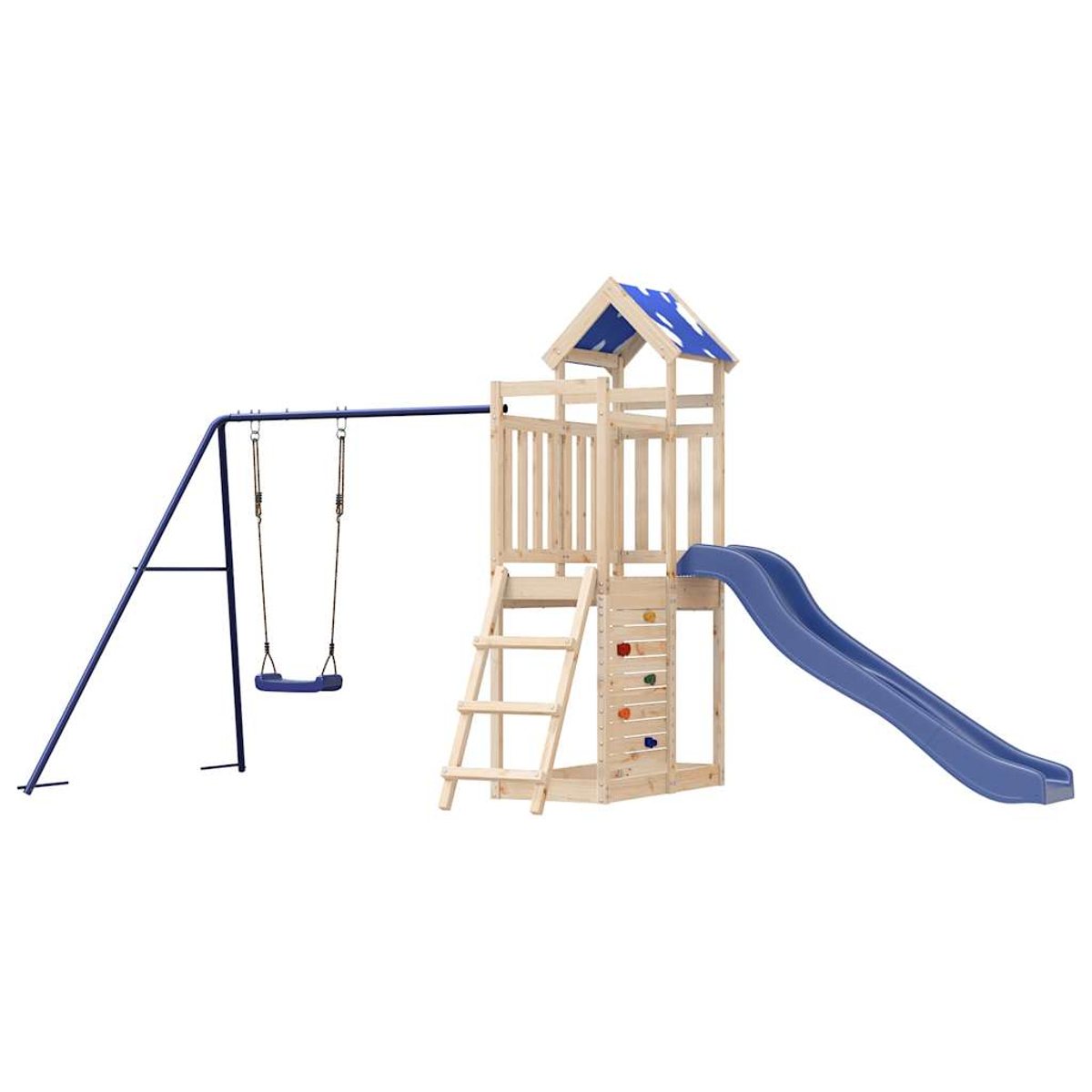 Ein Holz-Spielturm mit Rutsche, Schaukel und Kletterwand.