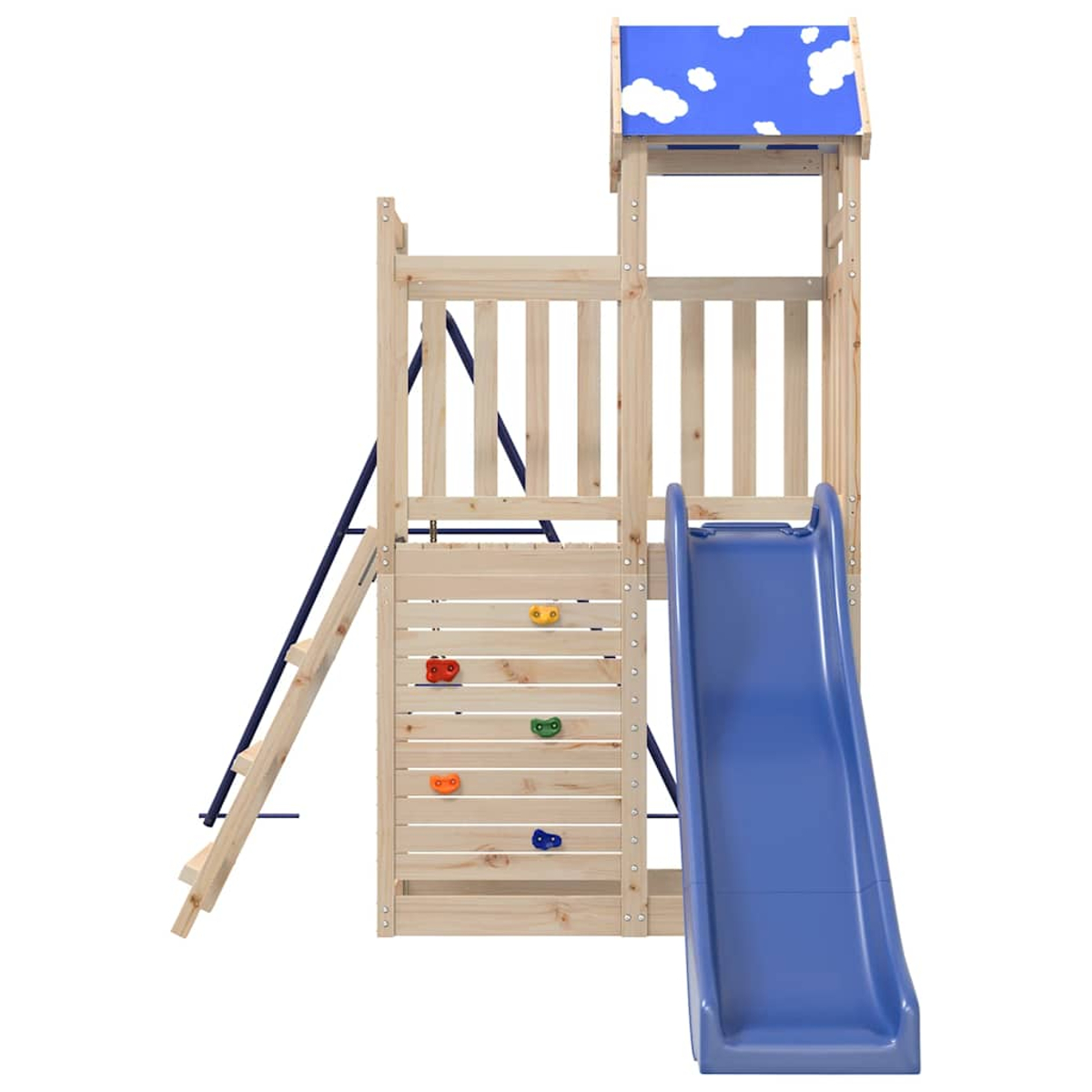 Ein Holzspielturm mit Kletterwand, Rutsche und Dach mit Wolkenmuster.