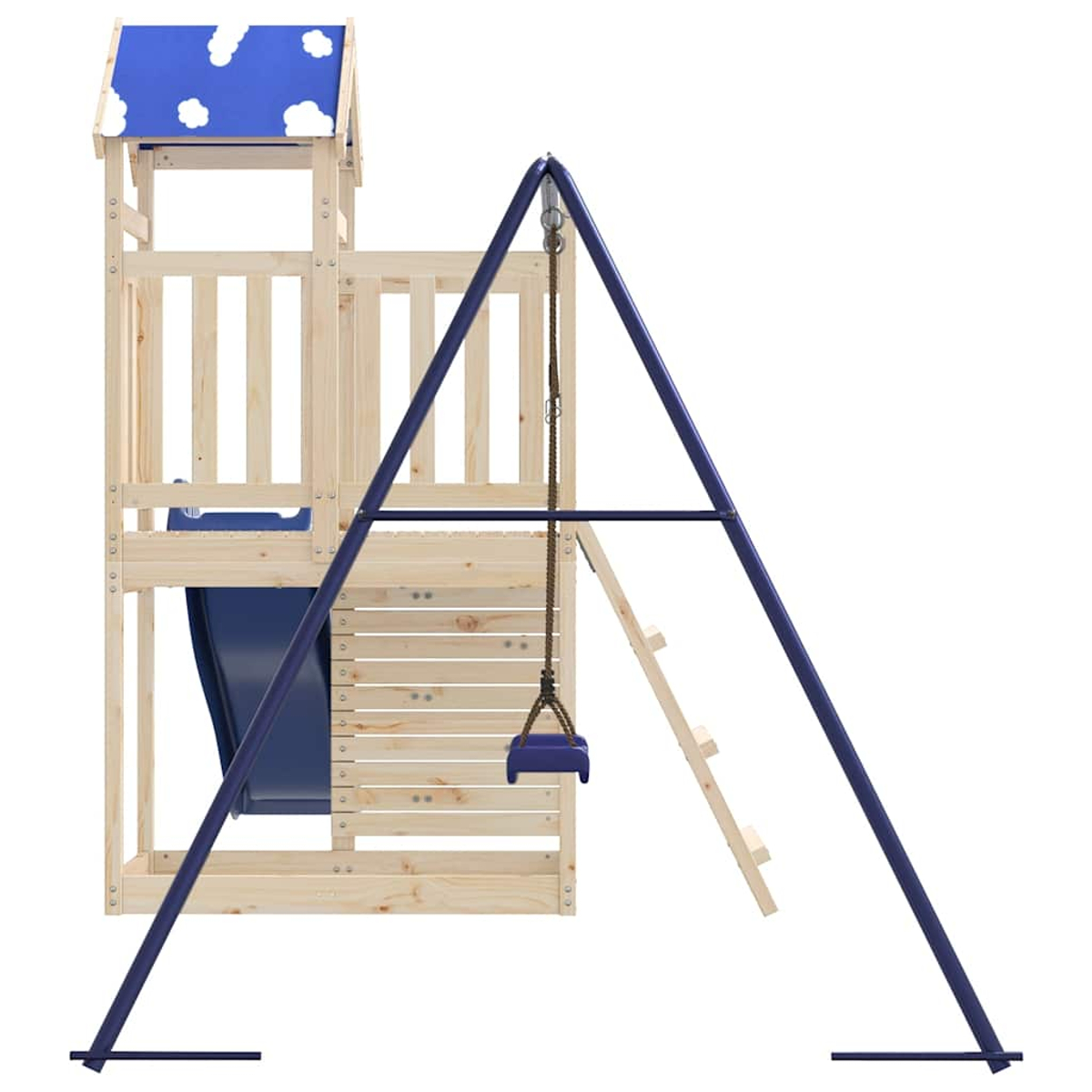 Holzspielturm mit Rutsche, Schaukel und blauem Dach mit Wolken.