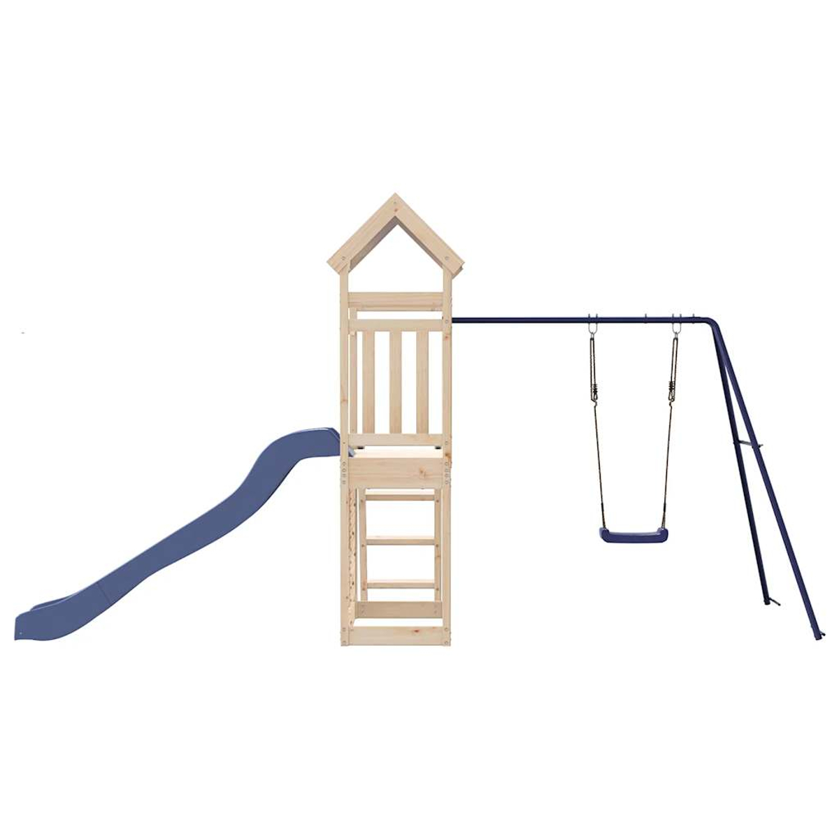 Ein hölzerner Spielturm mit einer blauen Rutsche und Schaukel.