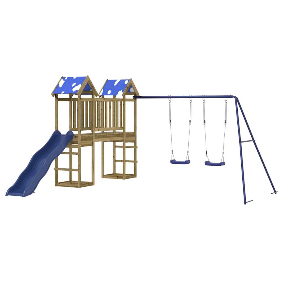 Holzspielturm mit Rutsche, zwei Schaukeln und blau-weißen Dächern.