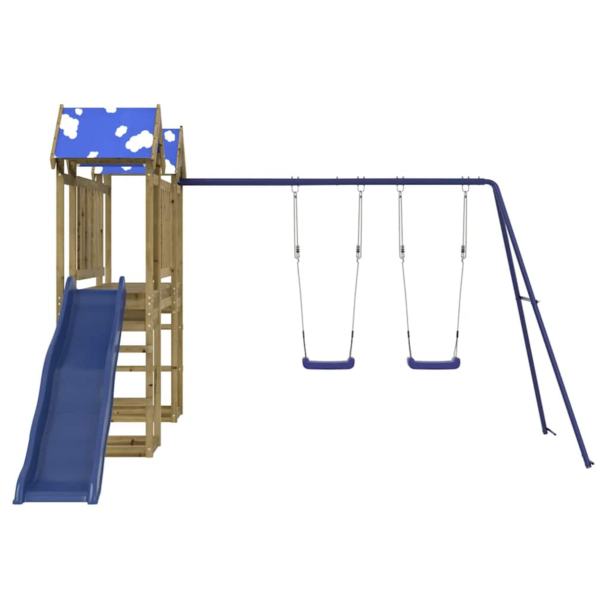 Holzspielturm mit blauer Rutsche, Leiter und zwei Schaukeln.