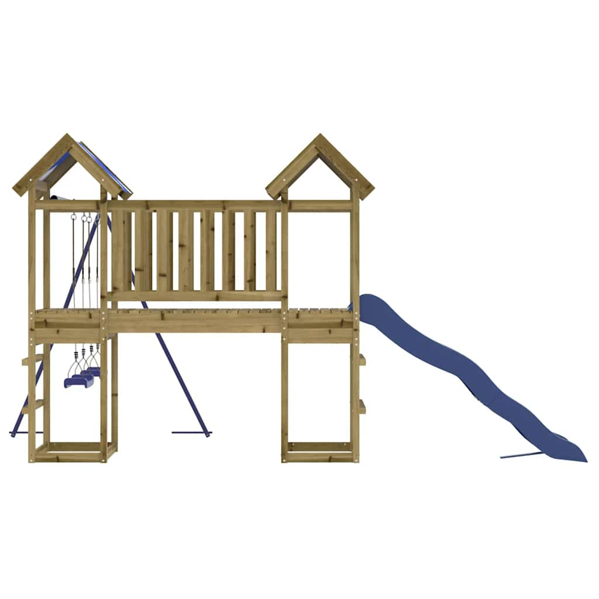 Holz-Spielturm mit Rutsche und Schaukeln.