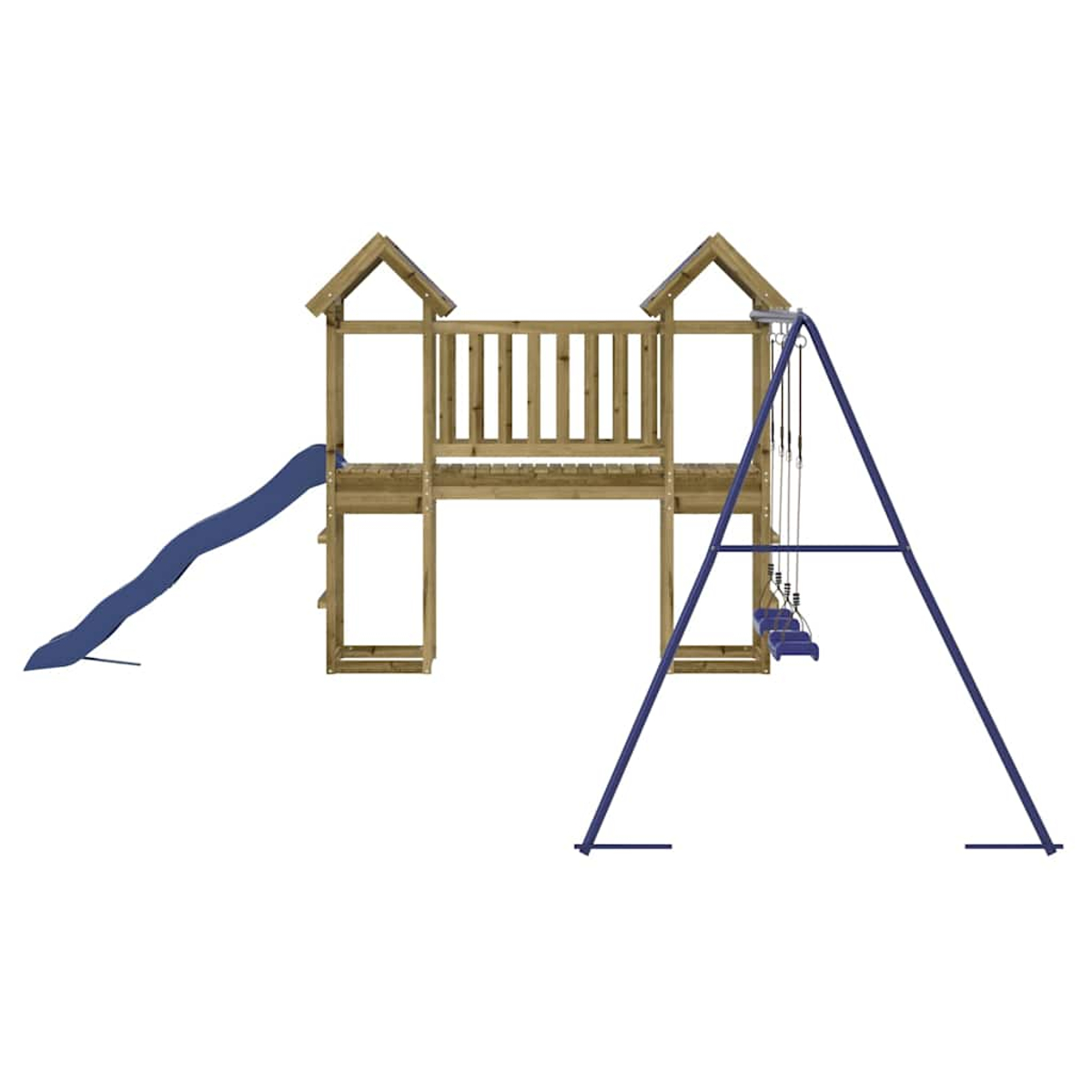 Holz-Spielturm mit blauer Rutsche und zwei blauen Schaukeln.