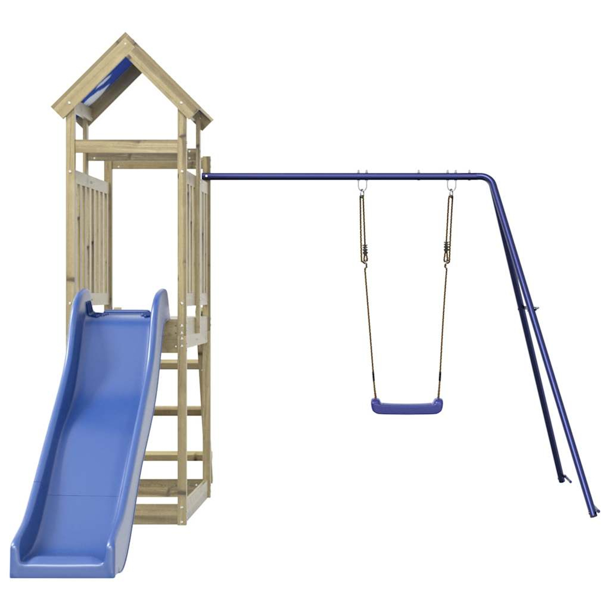 Struttura giochi in legno con scivolo blu e altalena.