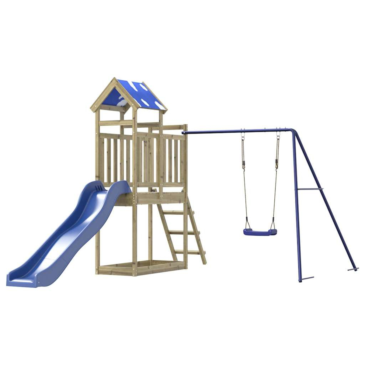 Parco giochi in legno con scivolo e altalena blu.