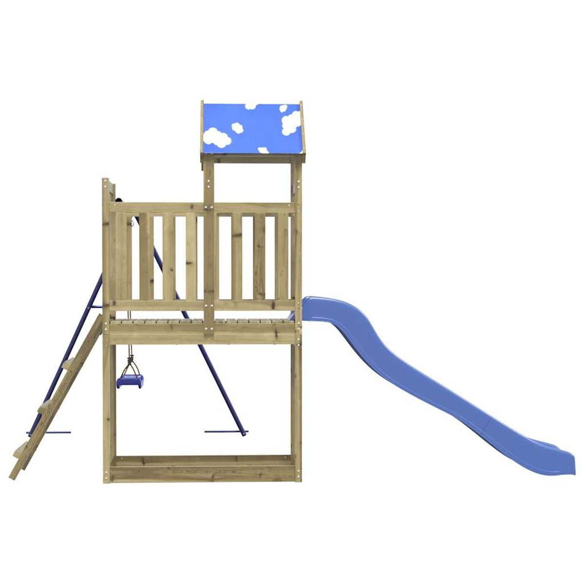 Struttura gioco in legno con scivolo blu, scala e altalena. Tetto con motivo a nuvole.