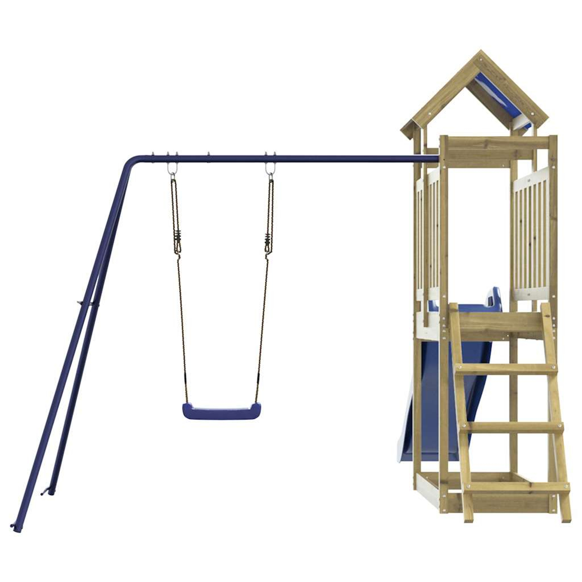 Struttura da gioco in legno con scivolo blu e altalena.