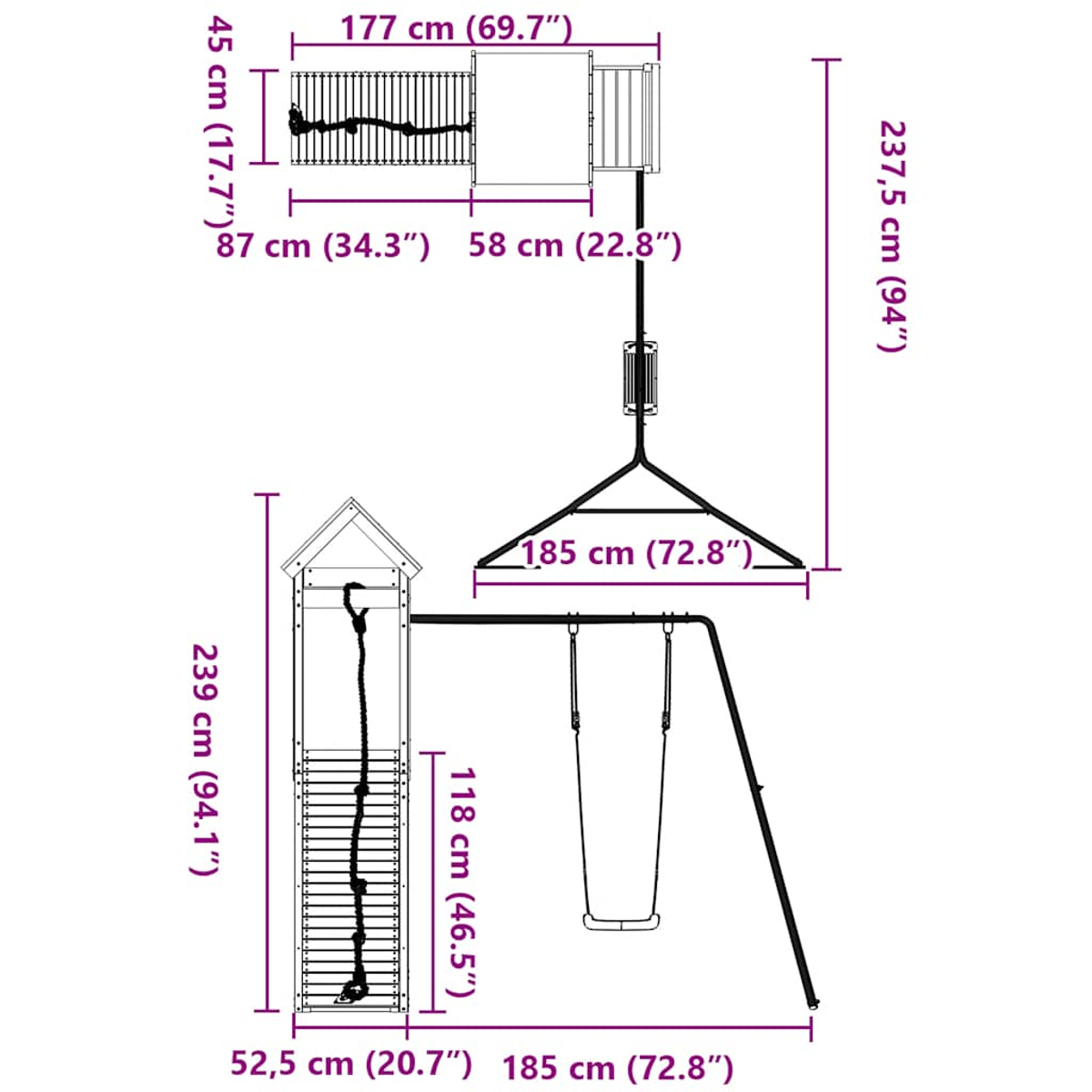 Disegno tecnico di un'altalena con dimensioni.