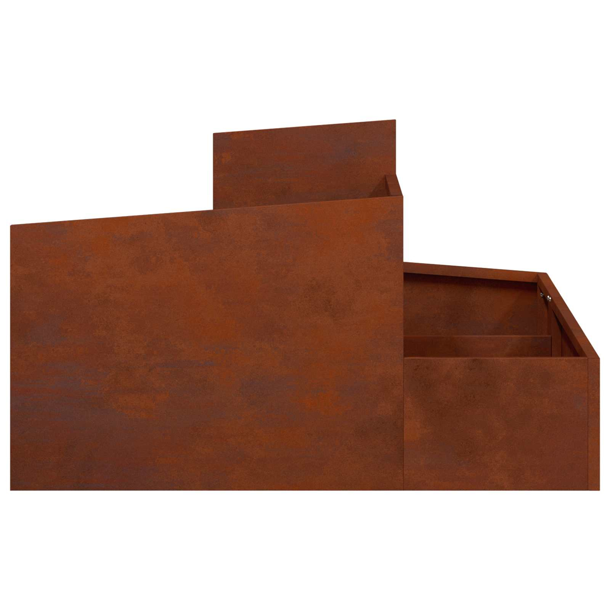 Ein rostbrauner Metall-Pflanzkasten mit mehreren Ebenen.