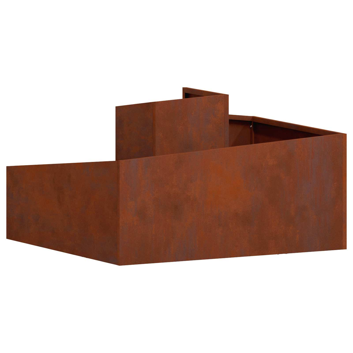 Rostiger Metall-Hochbeet mit stufenförmigem Design auf weißem Hintergrund.