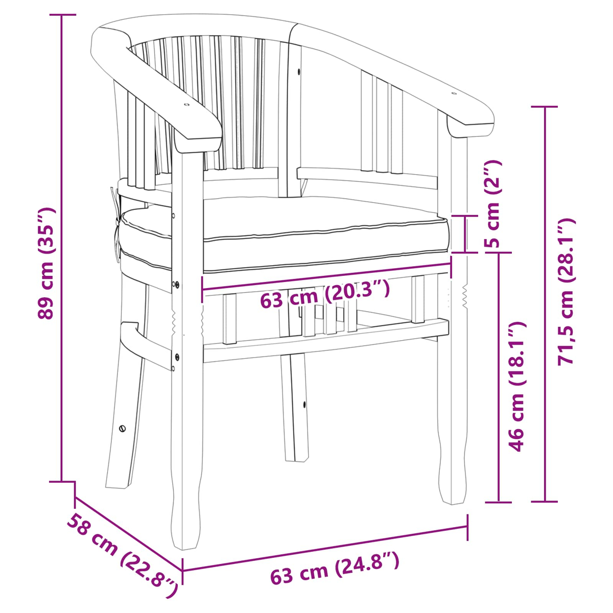 Una silla de madera con dimensiones: 89cm alto, 58cm ancho, 63cm profundo.