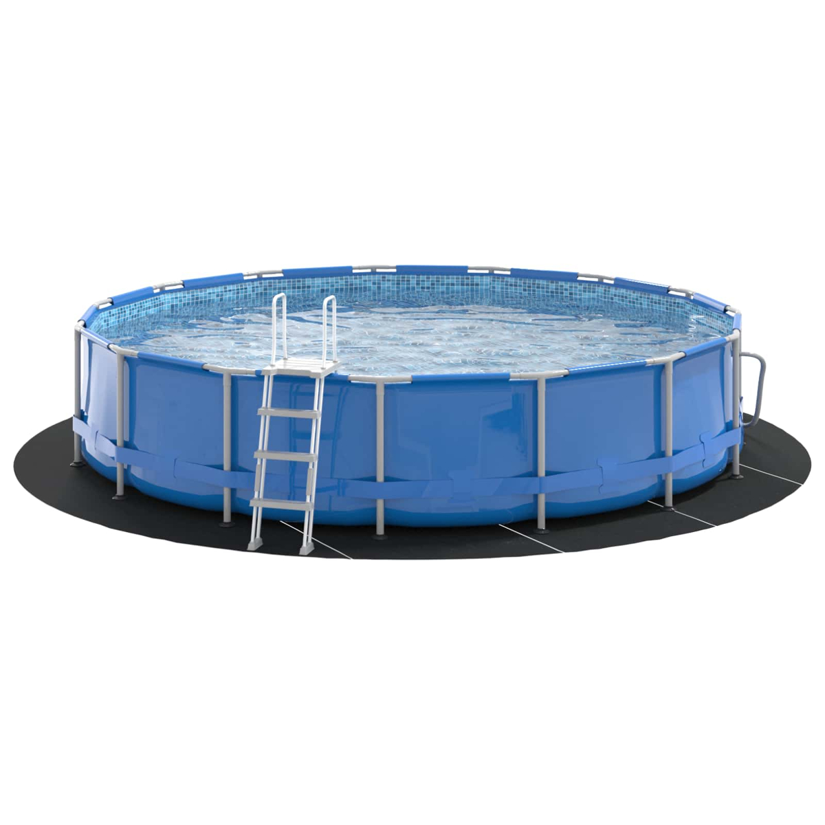 Ein blaues Rundpool mit Leiter steht auf einer schwarzen Matte.