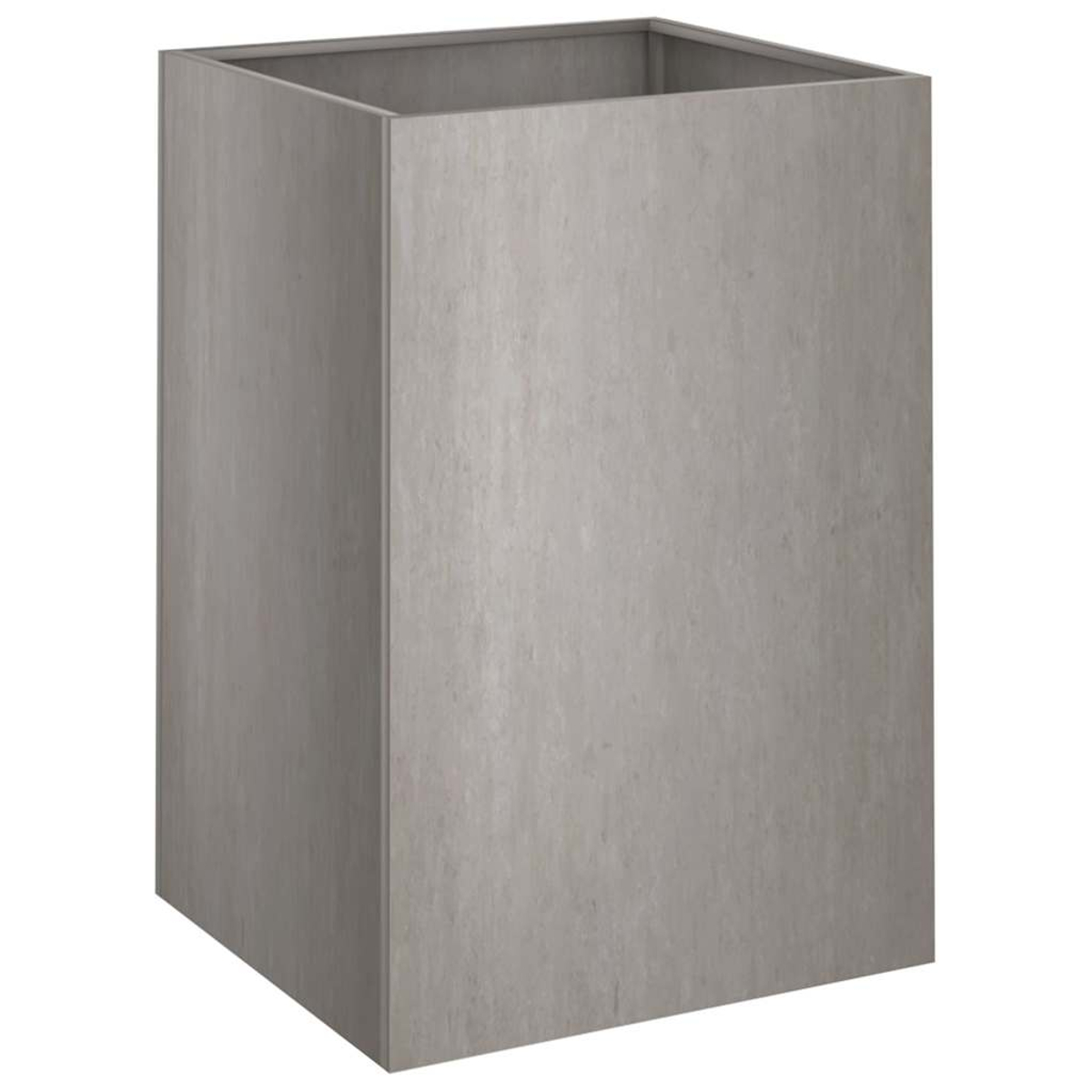 Ein grauer, rechteckiger Pflanzkübel aus Betonimitat.