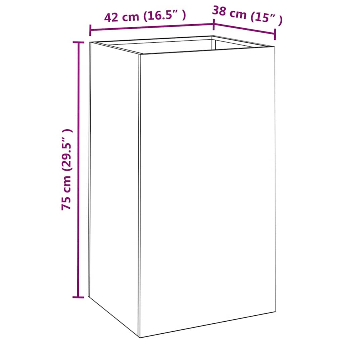 Ein weißer Würfel mit Maßen: 75 cm H, 42 cm B, 38 cm T.