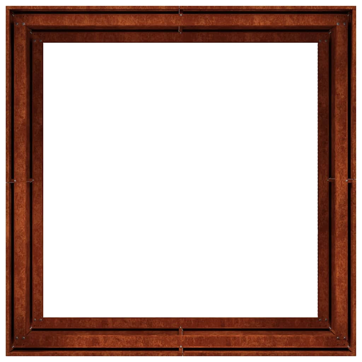 Una cornice di legno con accenti scuri e chiodi visibili.