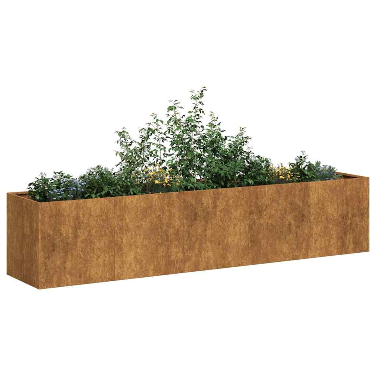 Una fioriera rettangolare in acciaio Corten con varie piante verdi e qualche fiore giallo.