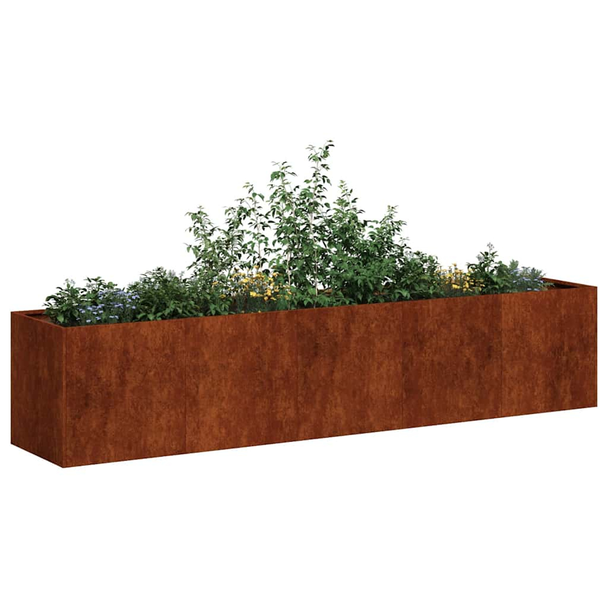 Fioriera in acciaio corten arrugginito con piante verdi e piccoli fiori gialli e blu.