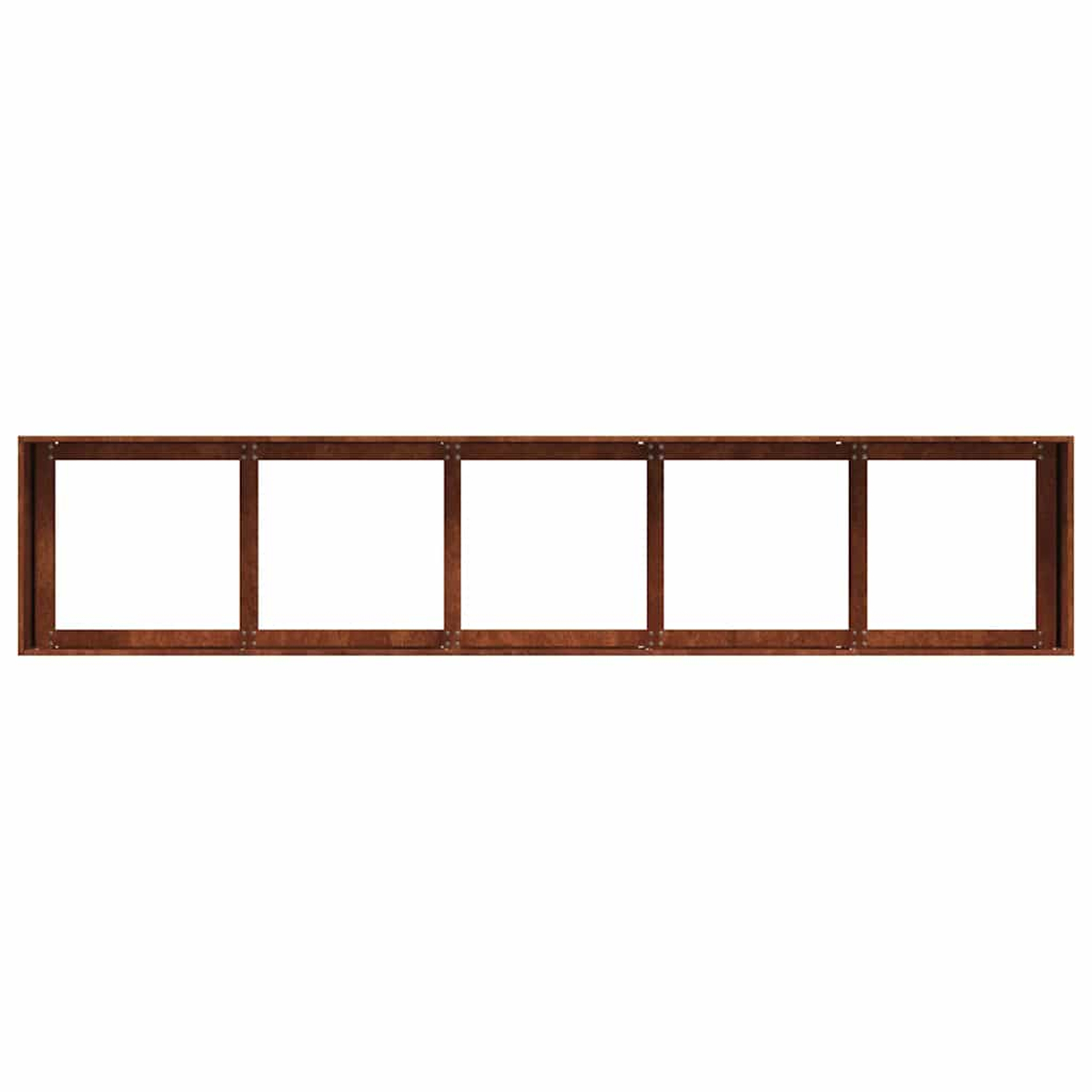 Una cornice lunga e stretta in legno scuro con cinque spazi interni bianchi.