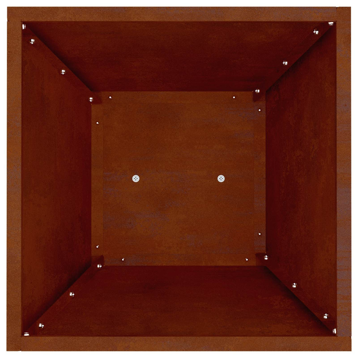 Interno di cubo metallico arrugginito, viti visibili negli angoli.