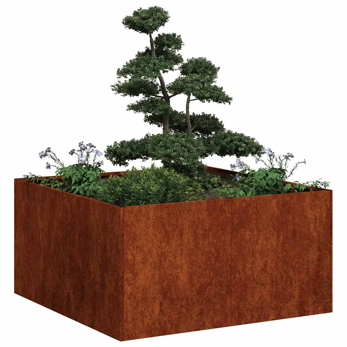 Fioriera in metallo arrugginito con alberi e fiori