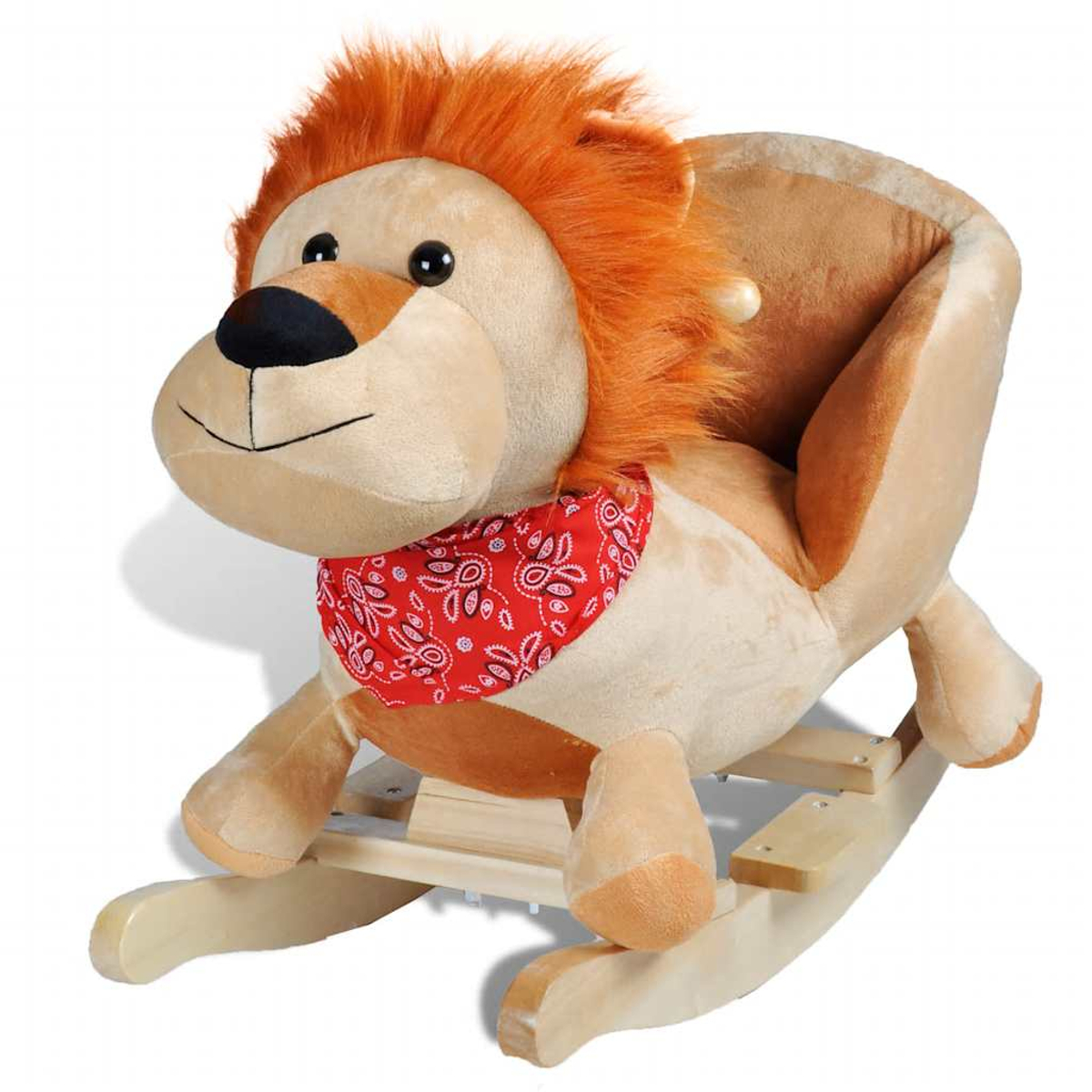 Ein Plüschlöwe auf einem Holzwippenrahmen mit rotem Bandana.