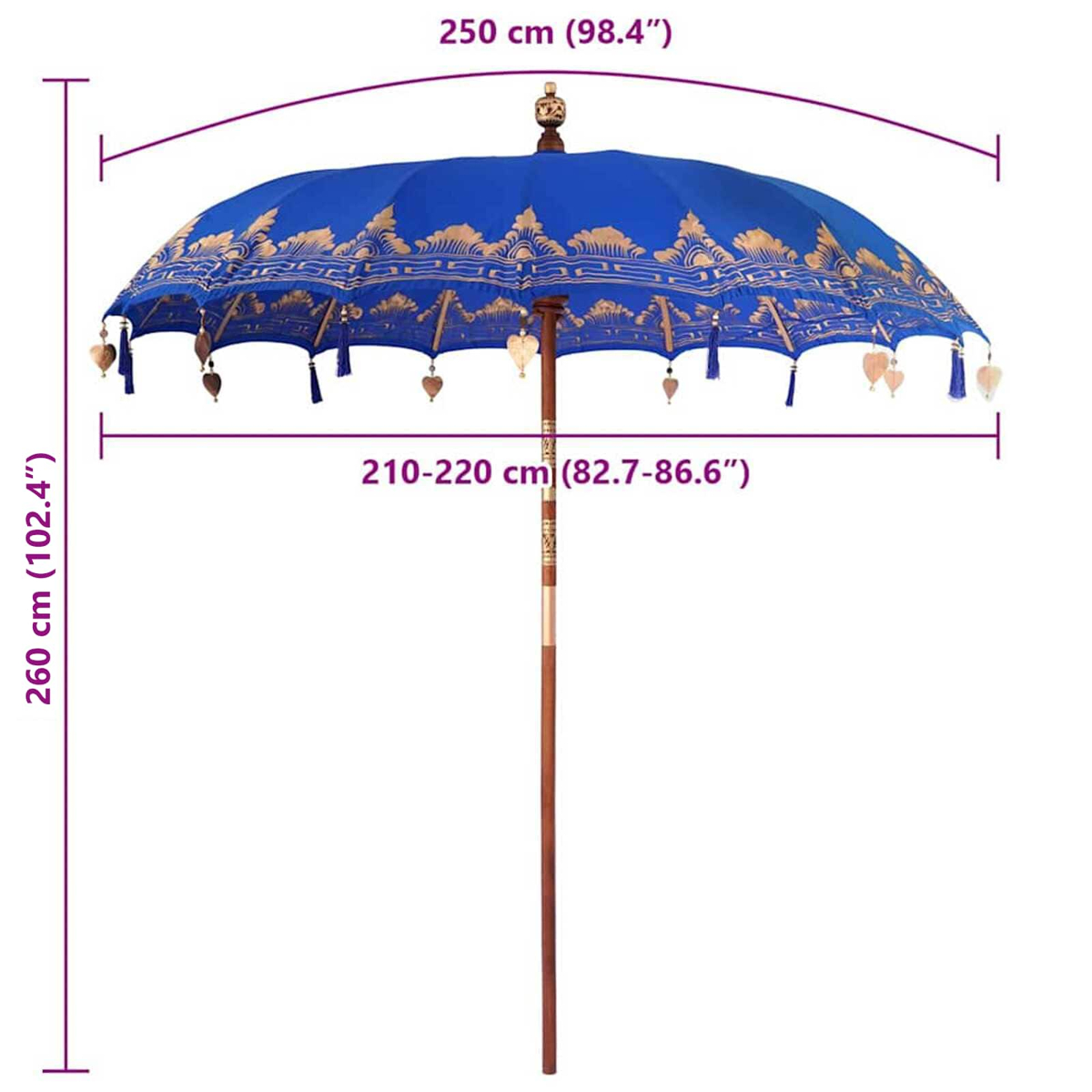 Un grande ombrello blu con motivi dorati, nappe e ciondoli a forma di cuore.