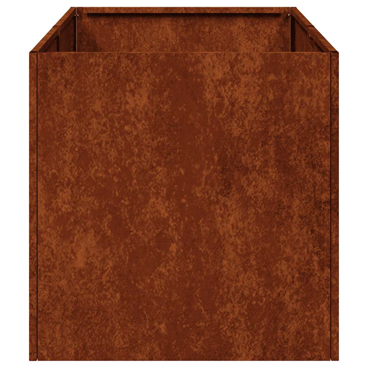 Un fioriera rettangolare in acciaio Corten con texture invecchiata.