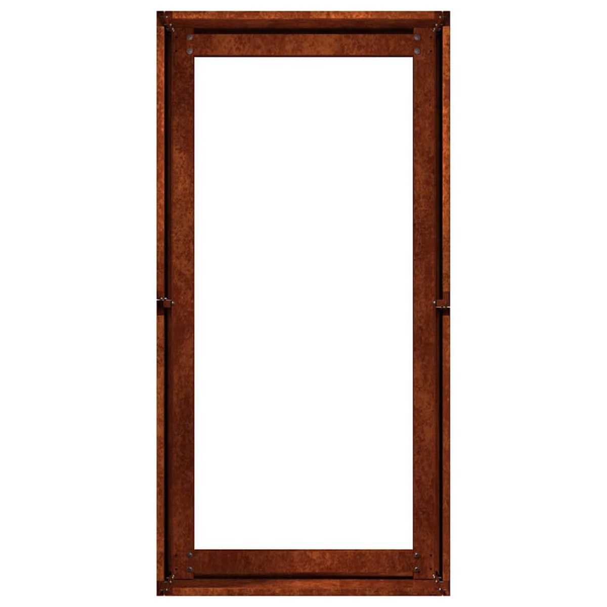 Un telaio porta rustico e rettangolare in legno scuro con ferramenta metallica.