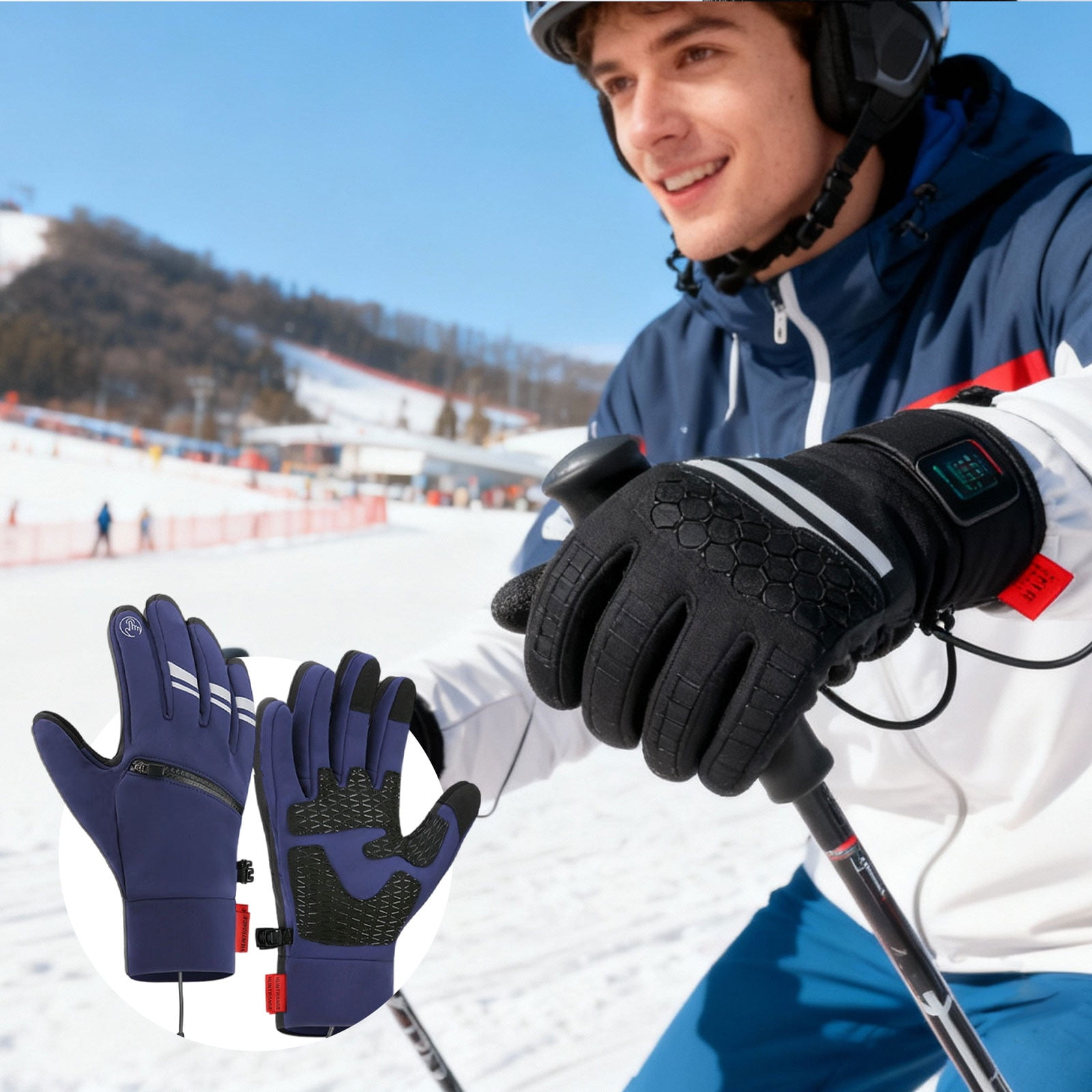 Ein Mann trägt Skihandschuhe in einer verschneiten Berglandschaft.