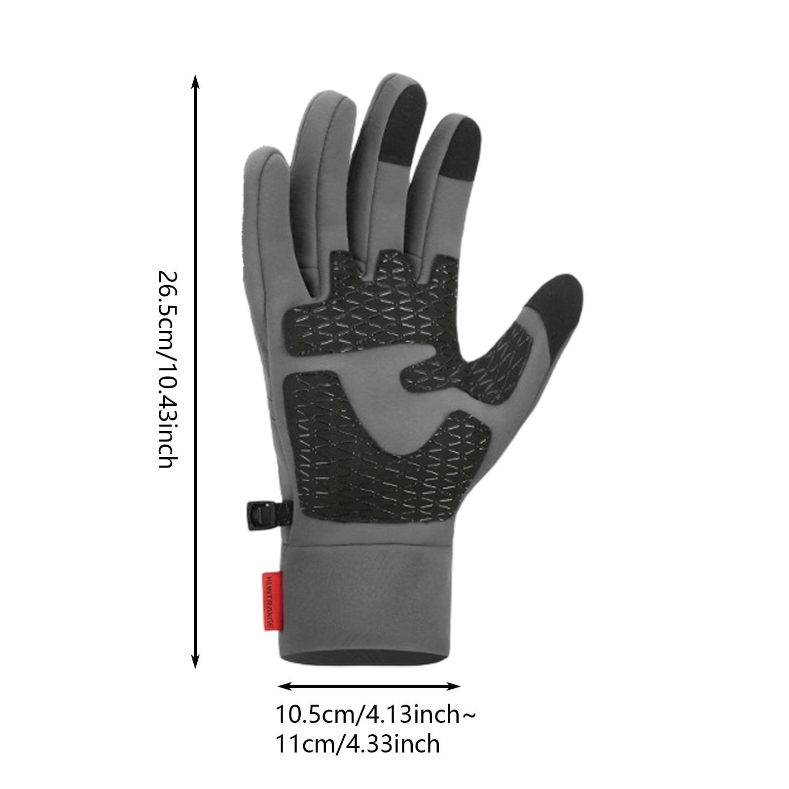 Grauer Handschuh mit schwarzem Griffmuster und Touchscreen-Spitzen.