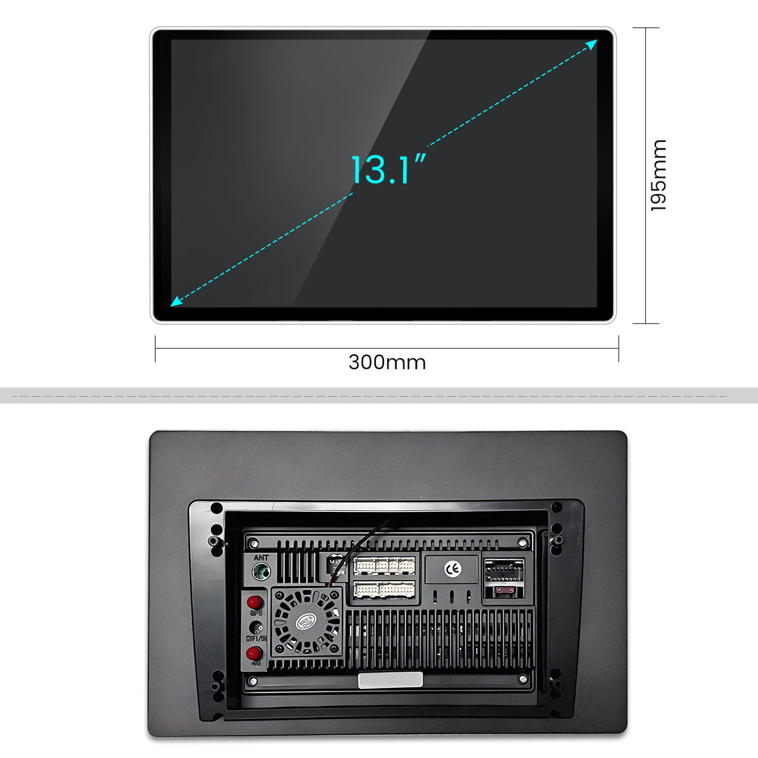 Ein 13,1-Zoll-Bildschirm mit den Maßen 300x195mm und seine Rückseite mit Anschlüssen.