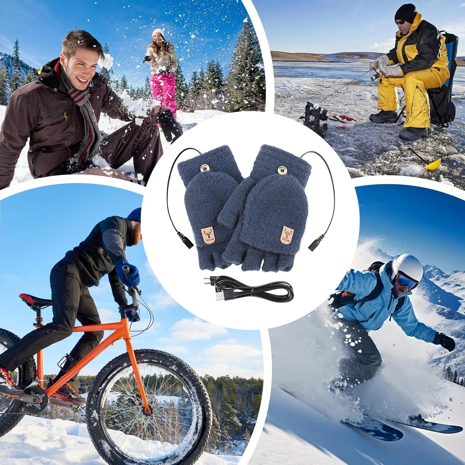 Ein Collage aus Winteraktivitäten: Schneeballschlacht, Eisfischen, Fatbiking und Skifahren, mit Handschuhen im Zentrum.