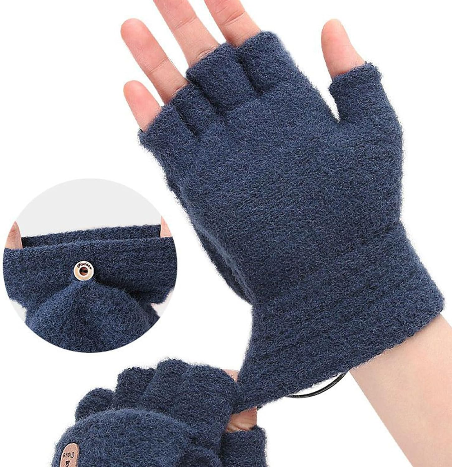 Dunkelblaue Strick-Fingerhandschuhe mit umklappbarer Klappe und Knopfverschluss.
