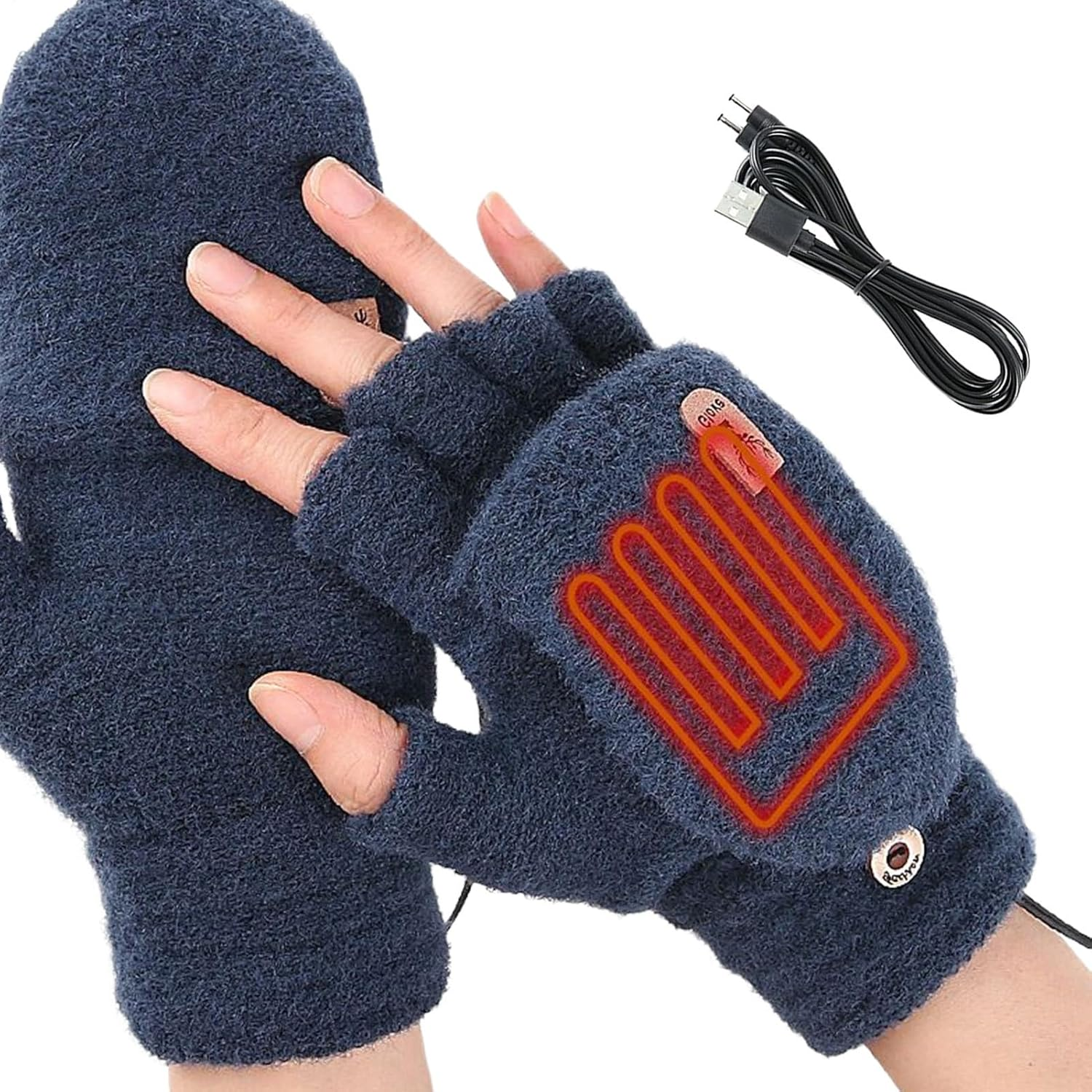 Blaue Fäustlinge mit Heizfunktion und USB-Kabel