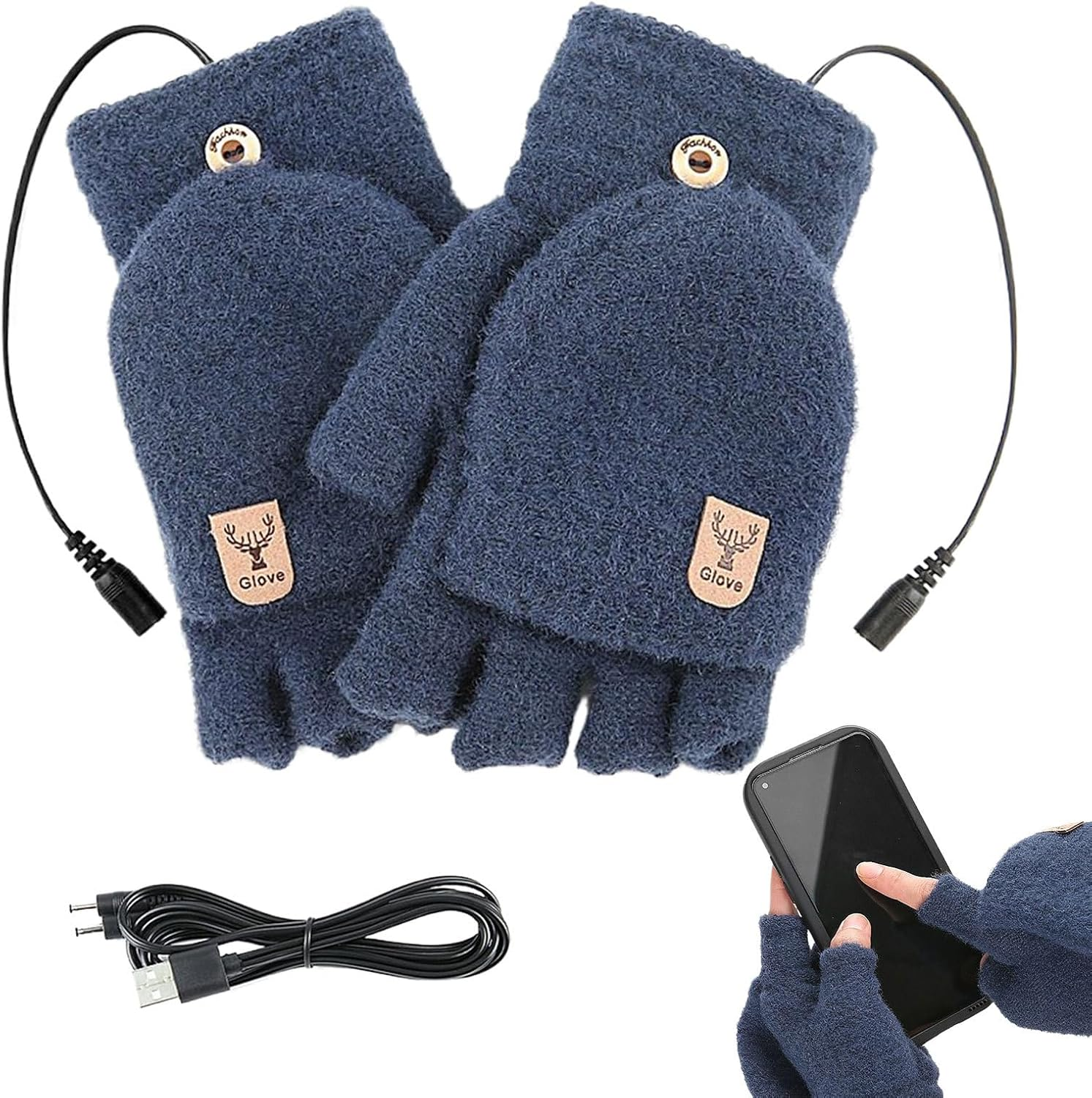Blaue Fäustlinge mit USB-Kabeln und einem Handy, das berührt wird.