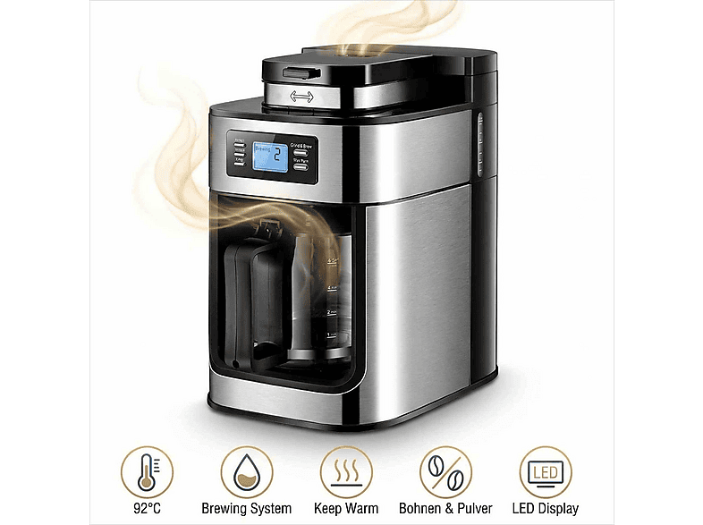 DEBUY Mahlwerk Glaskanne Bohnen & Pulver Kaffeemaschine Silber