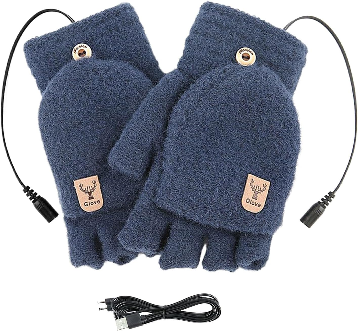 Blaue Fäustlinge mit Fingerlingen, mit Leder-Patch und USB-Kabel.