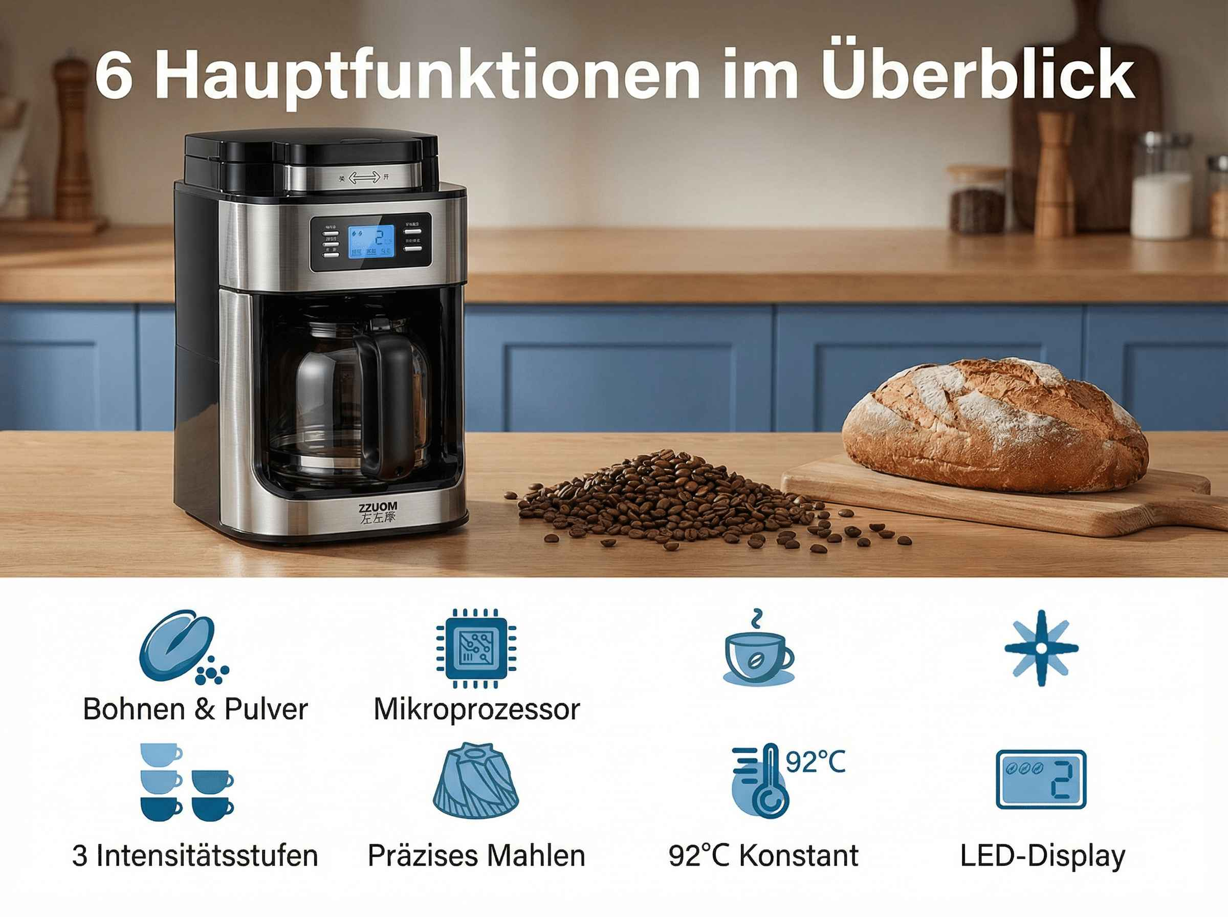 Kaffeemaschine mit Kaffeebohnen und Brot auf Holztisch. Icons zeigen Funktionen.