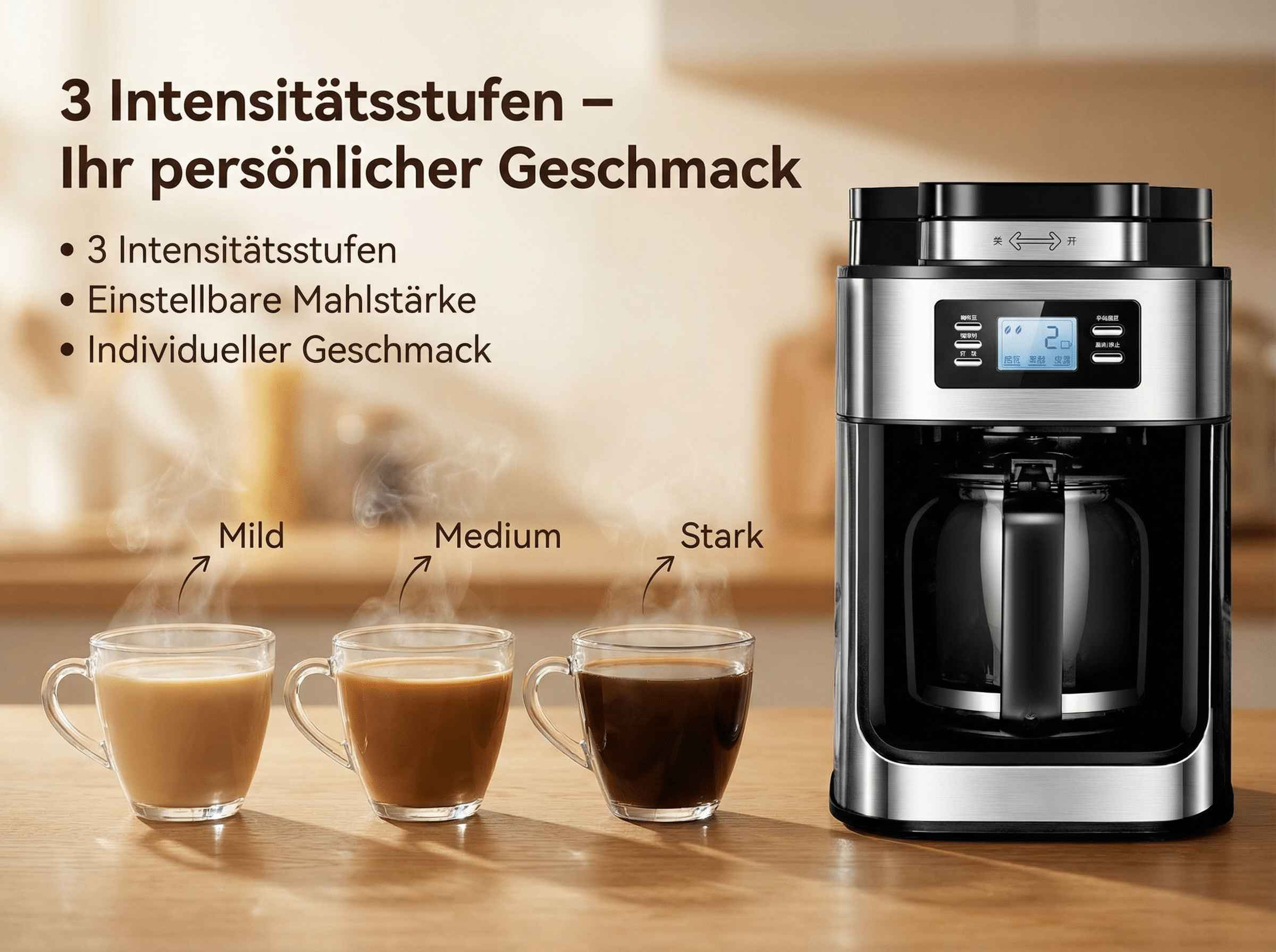 Kaffeemaschine mit 3 Tassen mit unterschiedlicher Stärke: Mild, Medium, Stark.