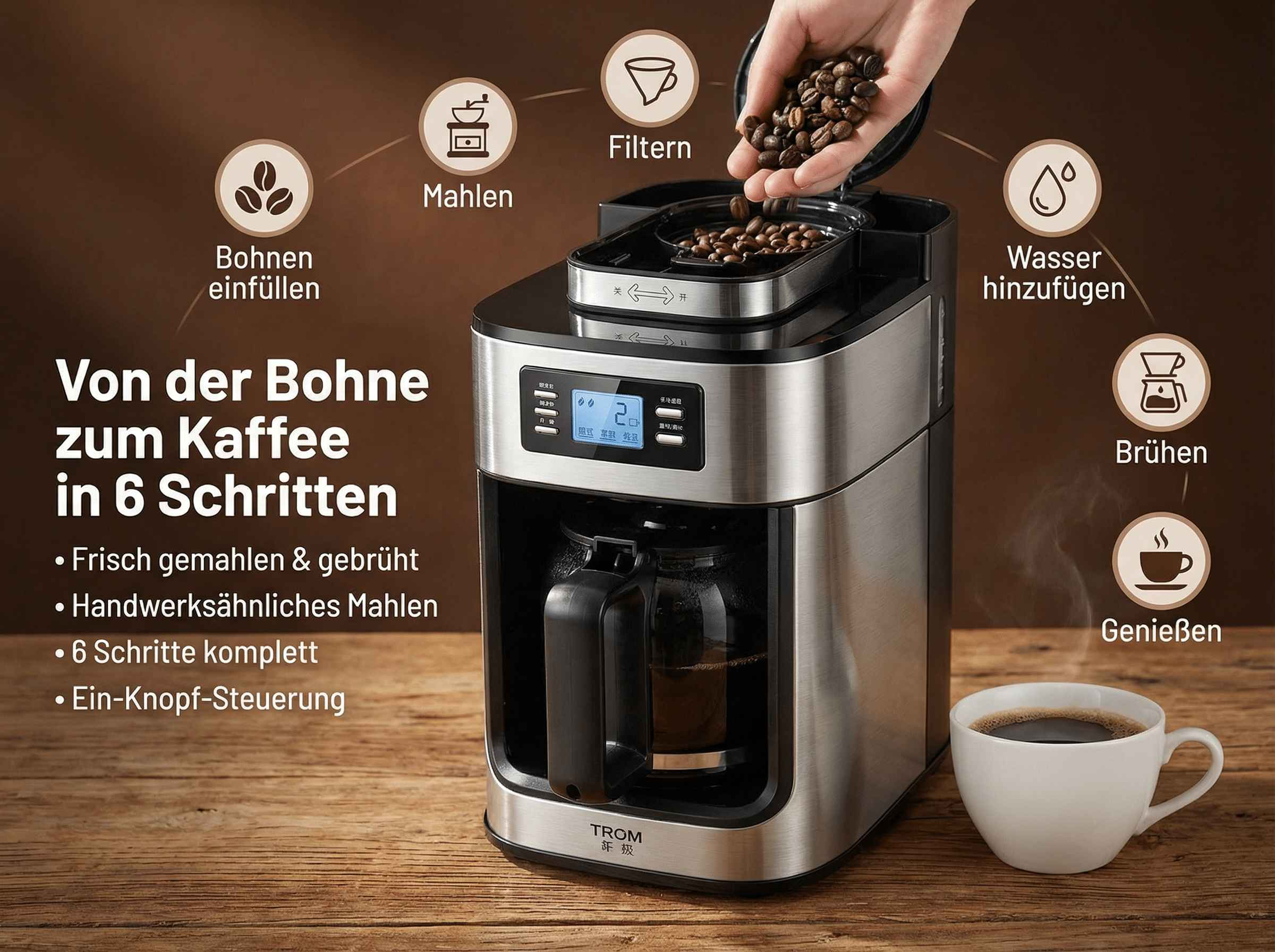 Kaffeemaschine mit Kaffeebohnen, Wasser und fertigem Kaffee. Schritte: Einfüllen, Mahlen, Filtern, Hinzufügen.