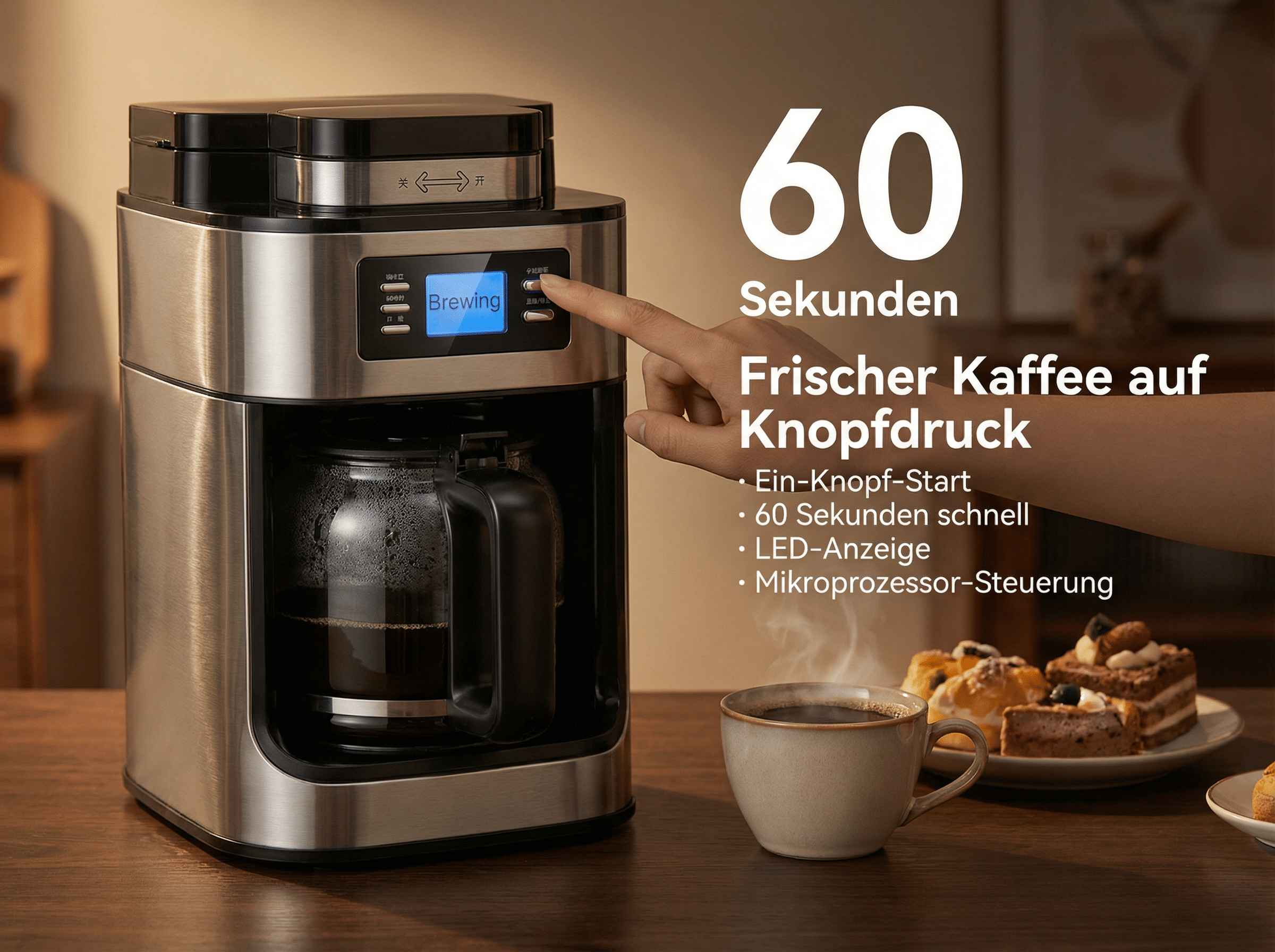 Kaffeemaschine mit beleuchtetem Display, eine Hand drückt Knopf. Daneben Kaffee.