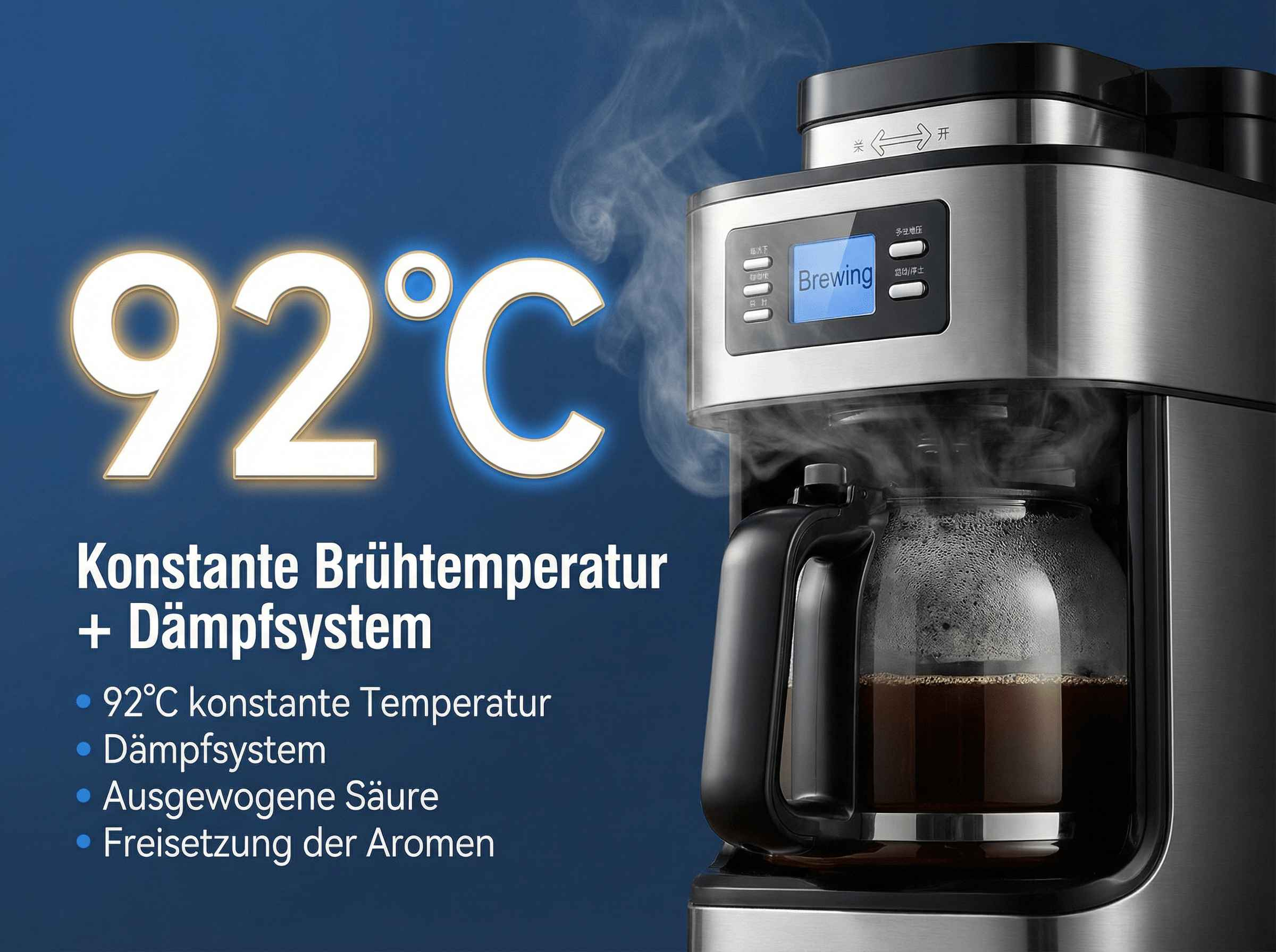 Kaffeemaschine mit 92°C Heißbrühsystem und Dampffunktion.