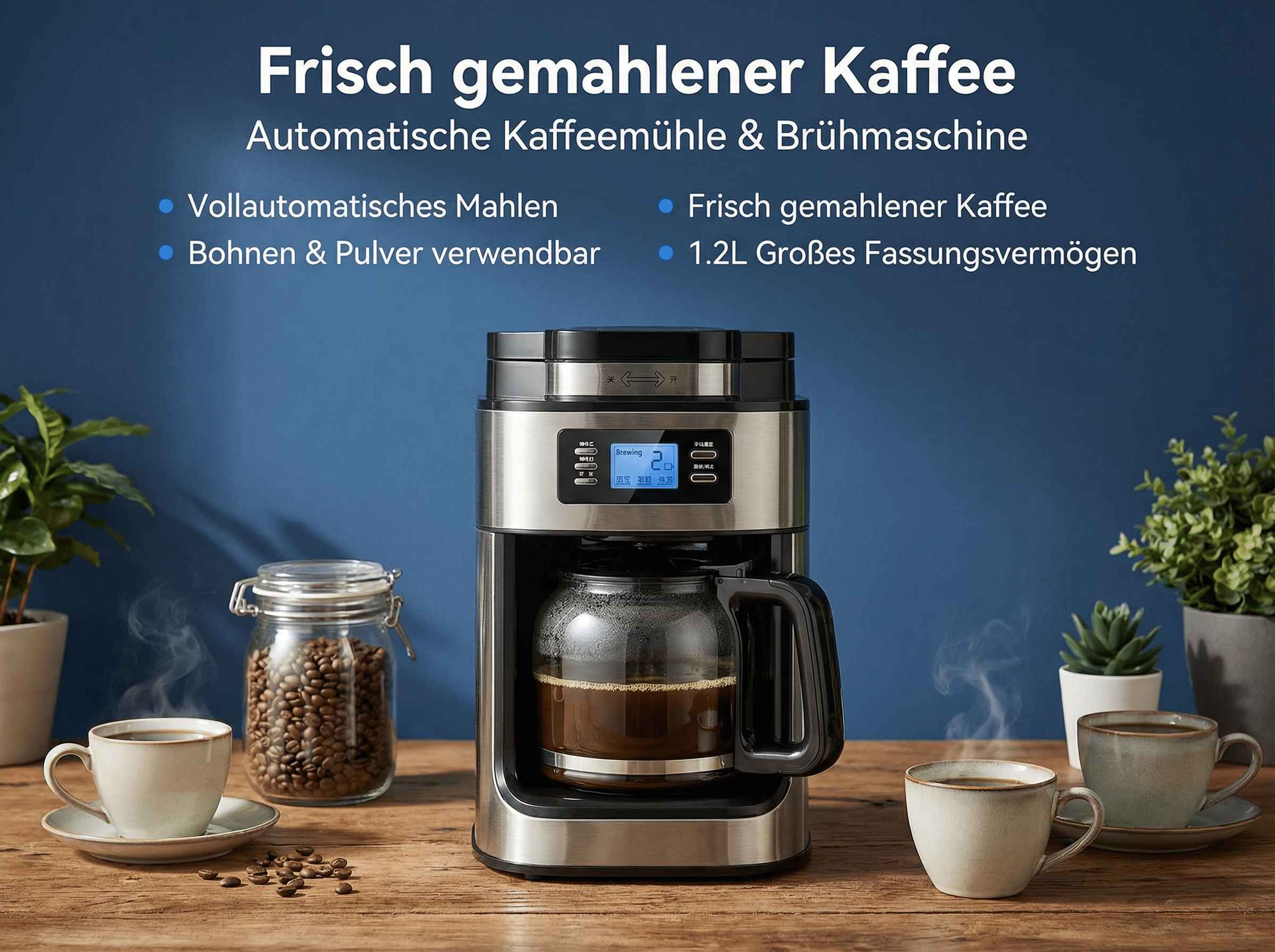 Kaffeemaschine mit Kanne, zwei Tassen, Bohnenglas und Pflanzen.