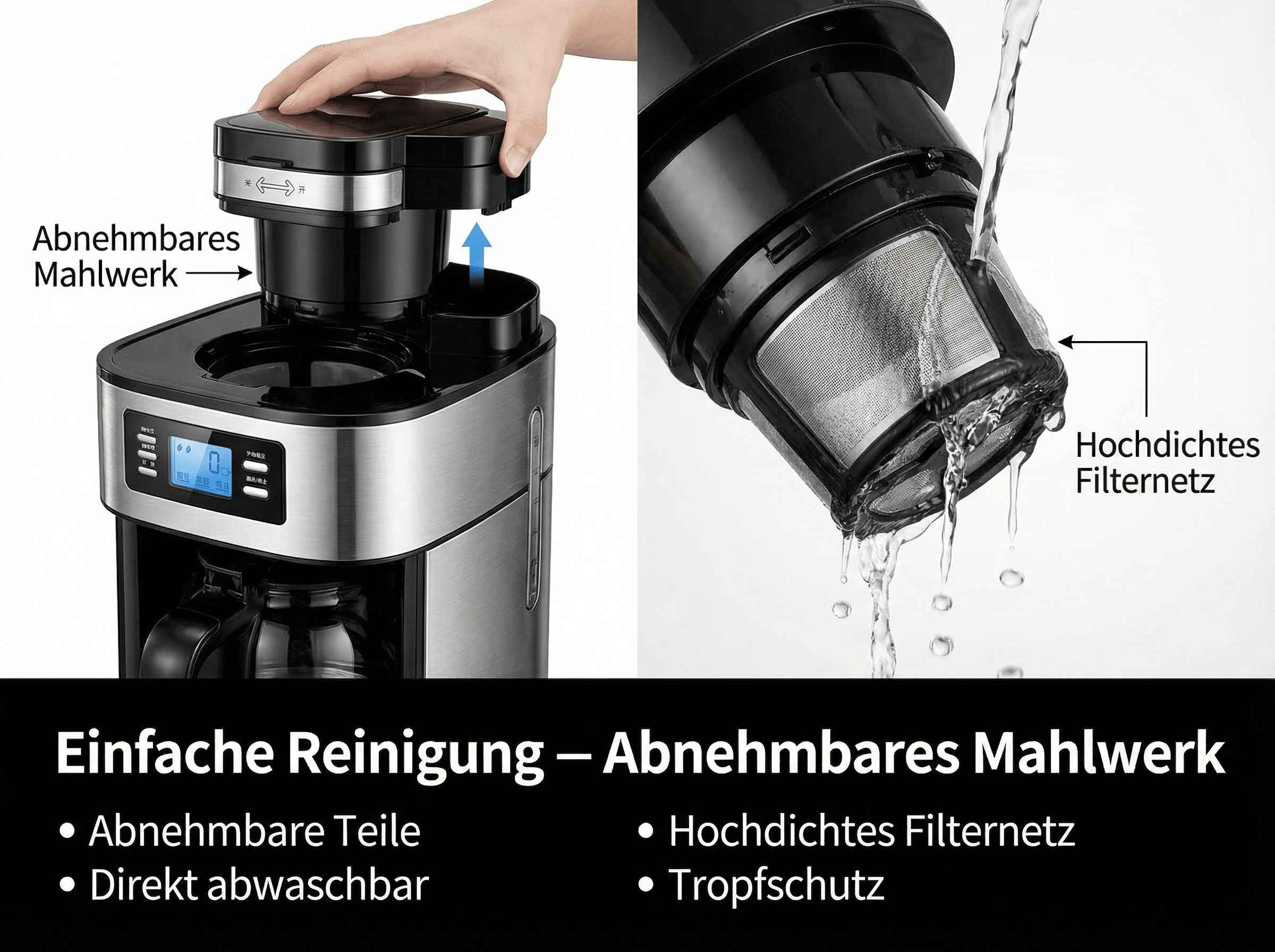 Kaffeemaschine mit abnehmbarem Mahlwerk und feinem Filter.