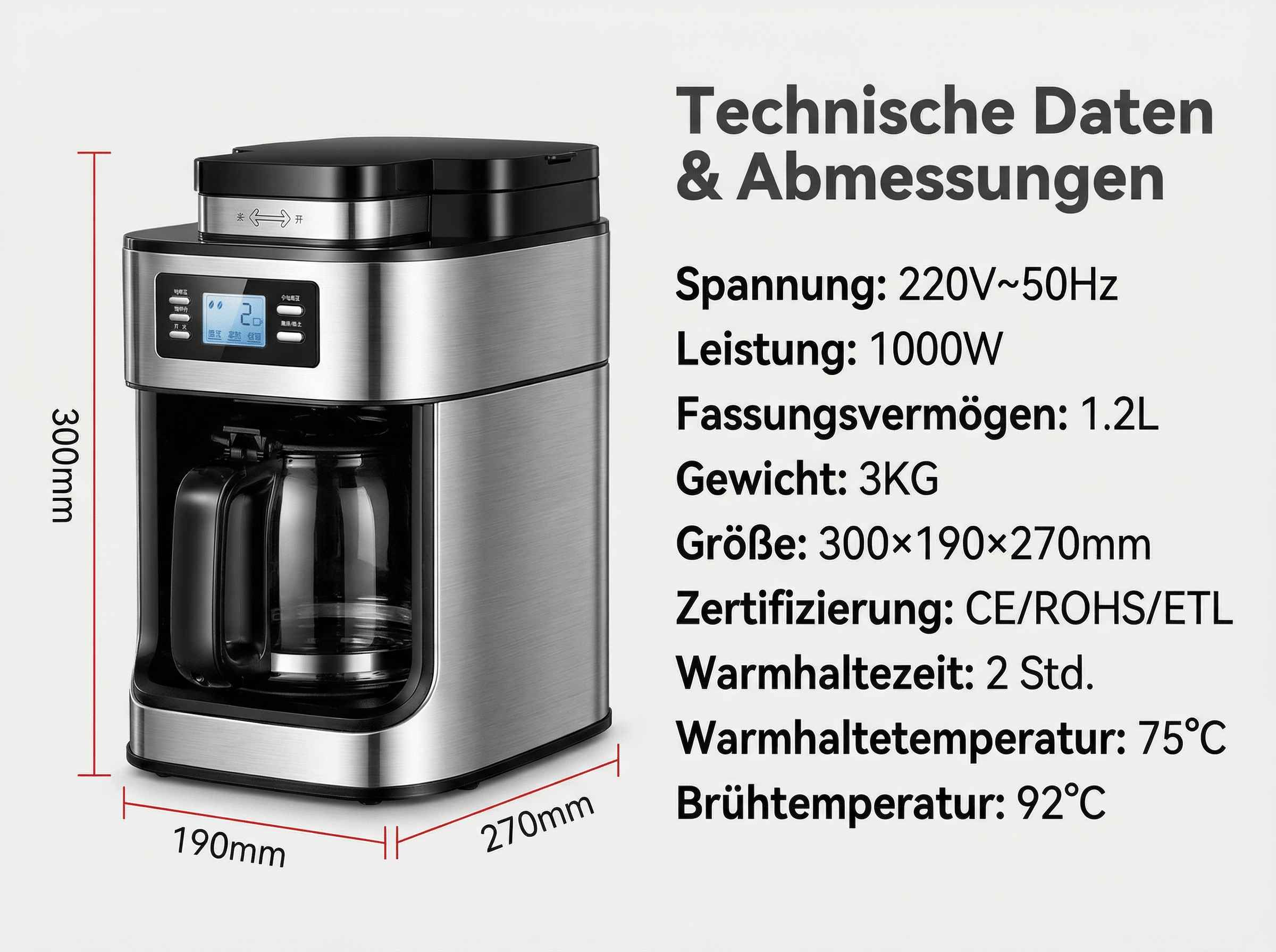 Edelstahl-Kaffeemaschine mit Glaskanne, digitalem Display und deutschen technischen Daten.