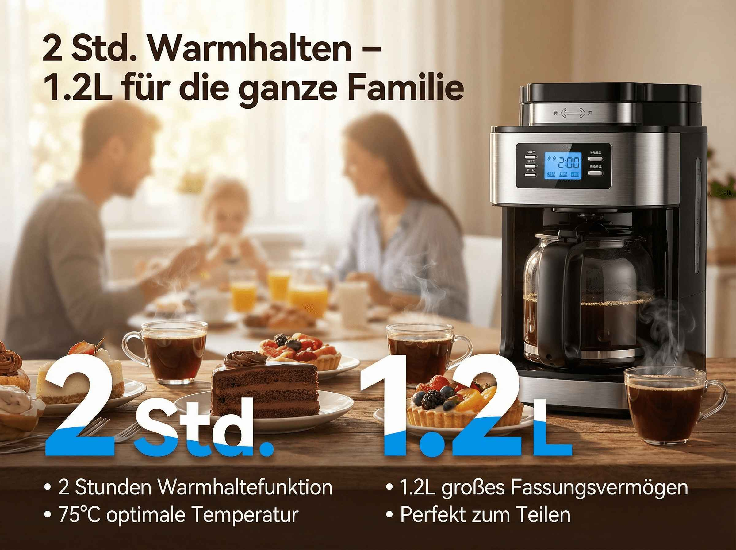 Kaffeemaschine mit Kanne und Tassen, Familie im Hintergrund.