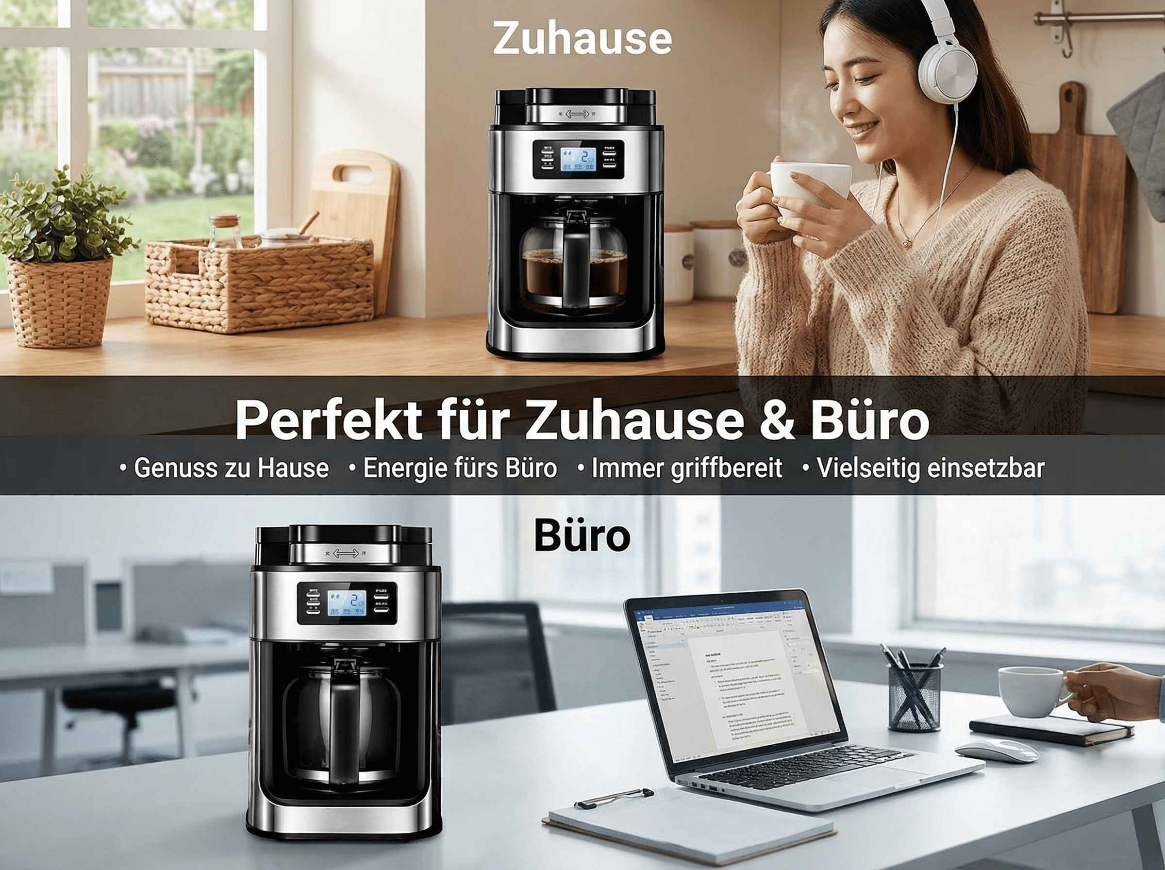 Kaffeemaschine in Küche und Büro. Frau mit Kopfhörern trinkt Kaffee.