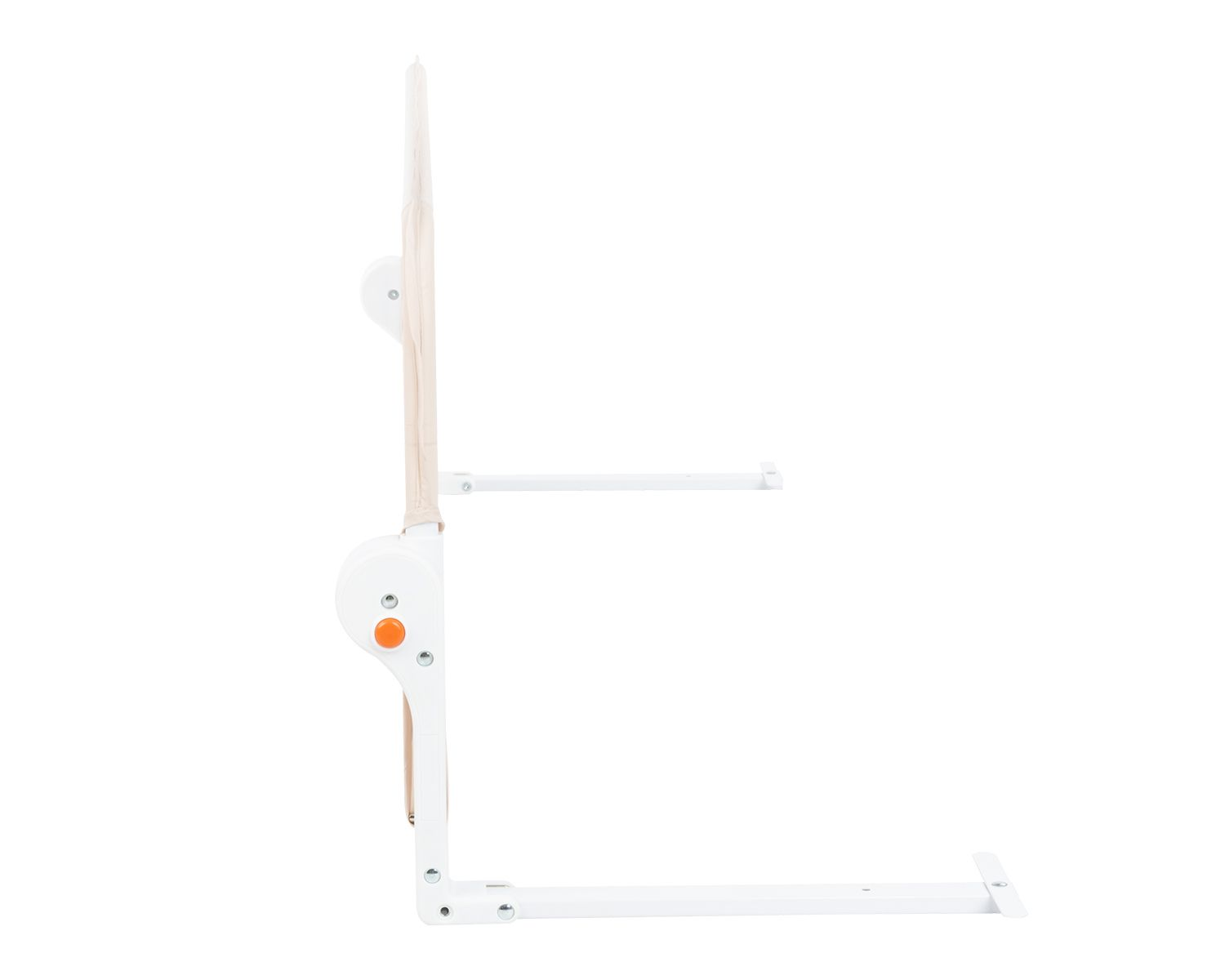 Ein Teil eines weißen Hochstuhls mit Holz- und orangefarbenen Details.