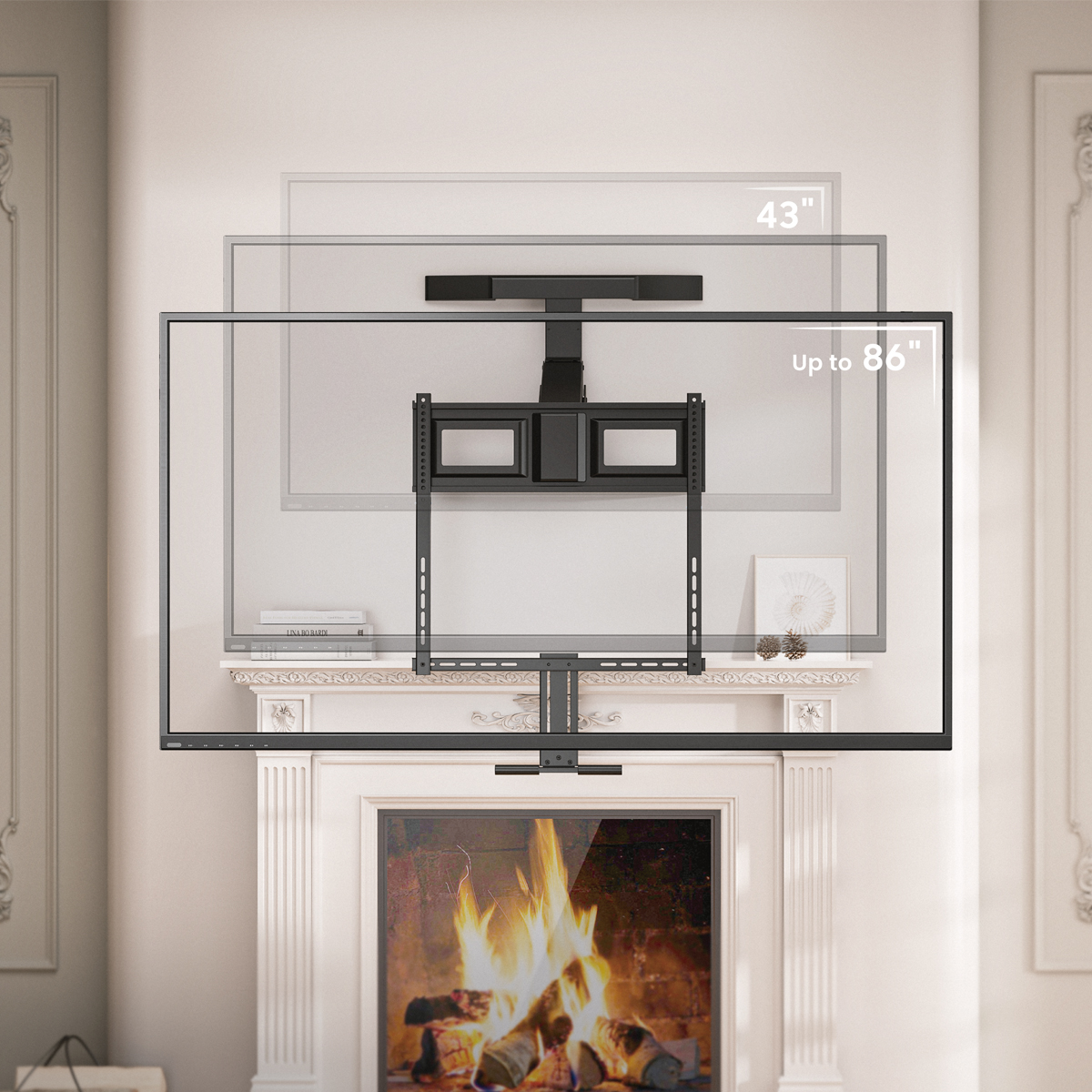 Schwarze TV-Halterung über einem Kamin, zeigt Größen von 43" bis 86".